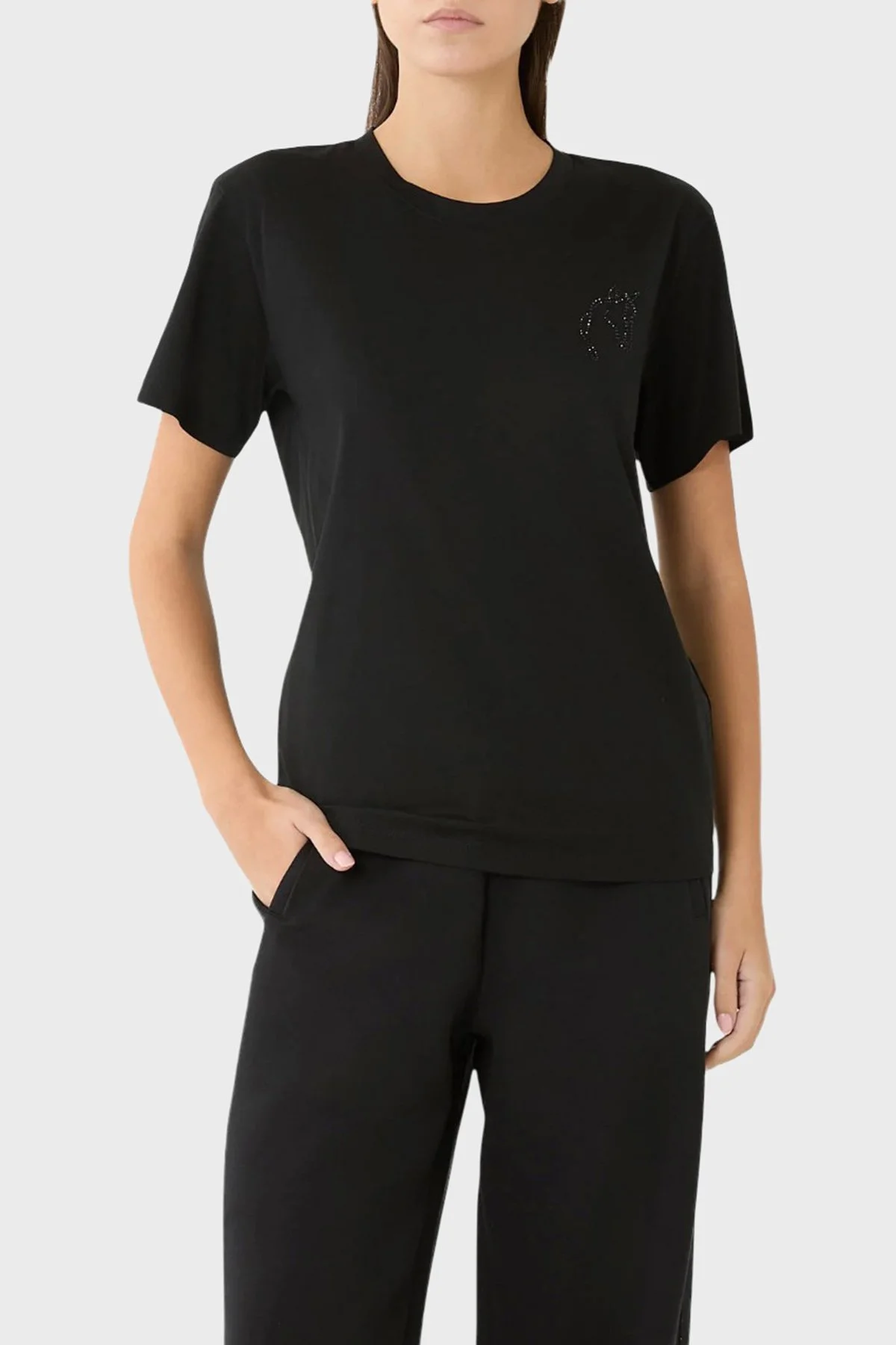 Emporio Armani Taş İşlemeli Pamuklu Jarse Slim Fit Bisiklet Yaka Bayan T Shirt EW003970 AF10003 UC001 SİYAH - 2