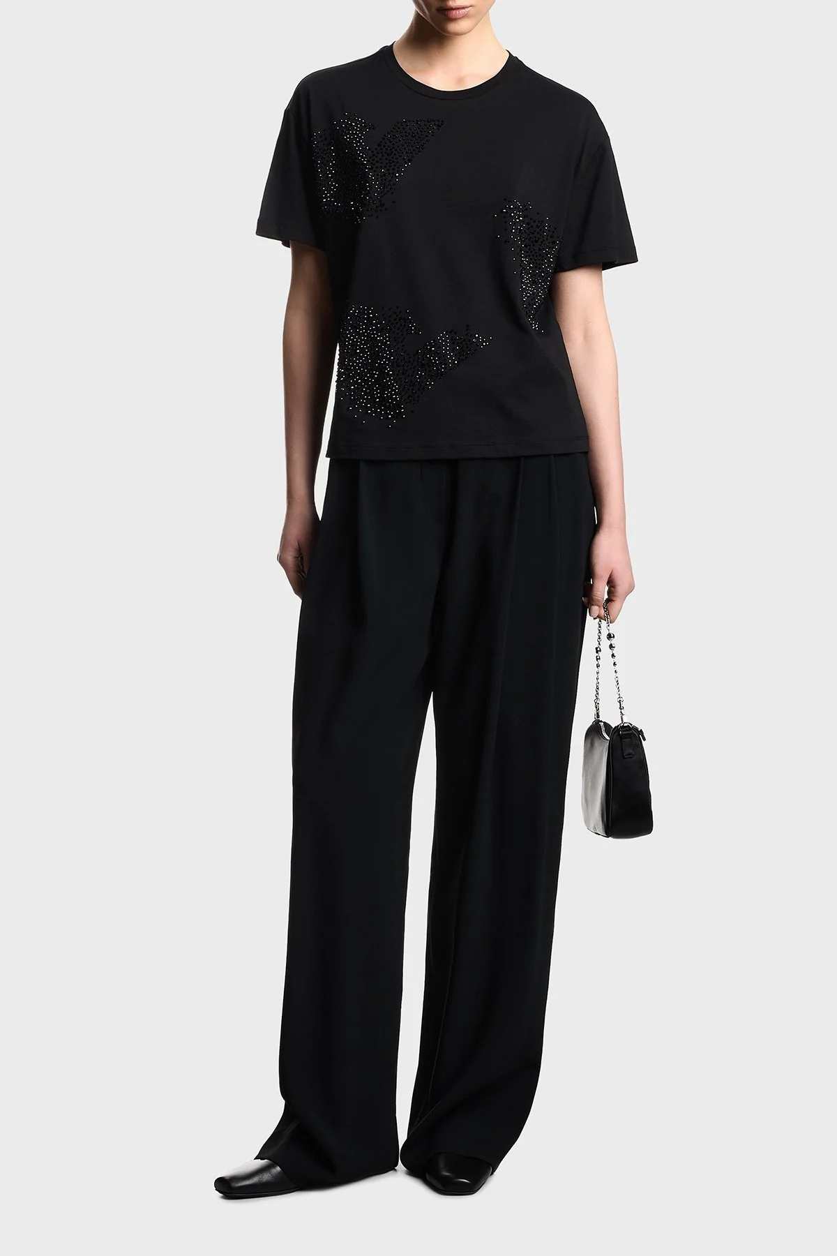 Emporio Armani Taşlı % 100 Pamuk Regular Fit Bisiklet Yaka Bayan T Shirt EW003595 AF12597 UC001 SİYAH - 2