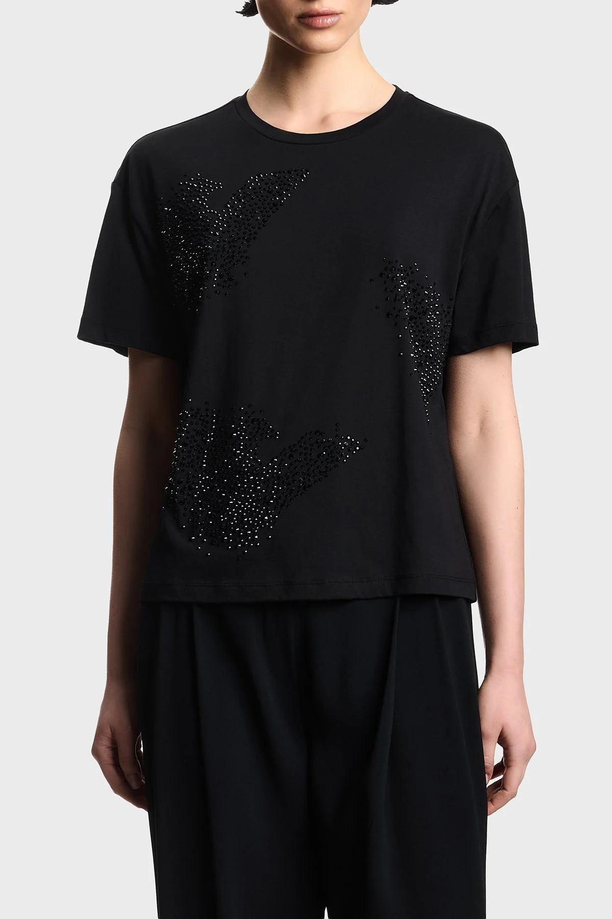 Emporio Armani Taşlı % 100 Pamuk Regular Fit Bisiklet Yaka Kadın T Shirt EW003595 AF12597 UC001 SİYAH - 1