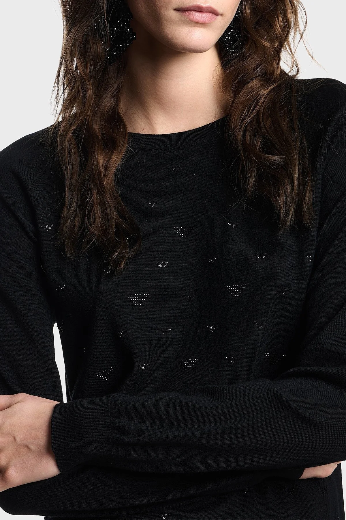 Emporio Armani Taşlı Logolu Yünlü Regular Fit Bisiklet Yaka Bayan Kazak EW001263 AF19176 FC012 SİYAH - 4