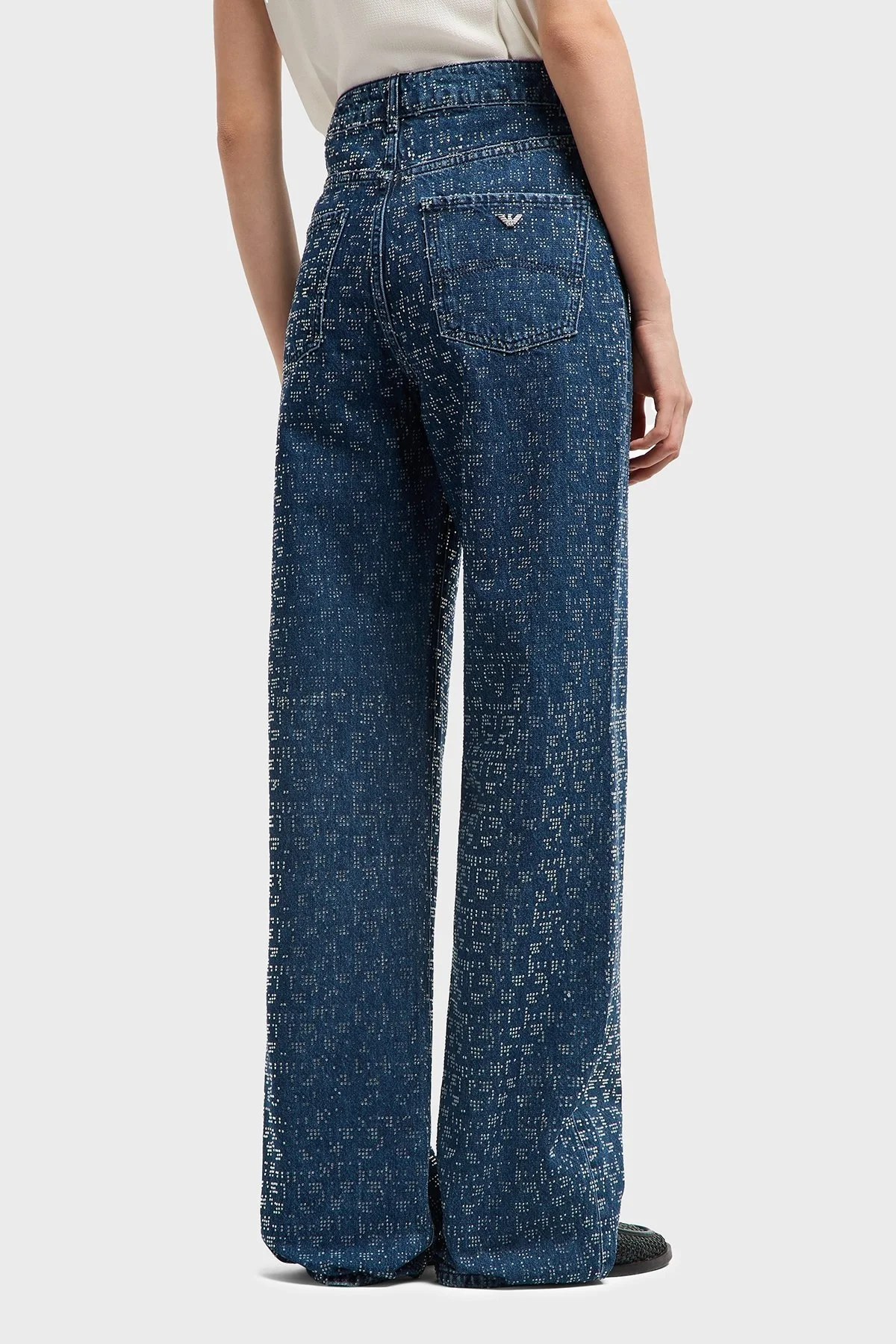 Emporio Armani Taşlı Regular Fit Yüksek Bel Geniş Paça Jeans Bayan Kot Pantolon EW001119 AF13298 MB001 LACİVERT - 9