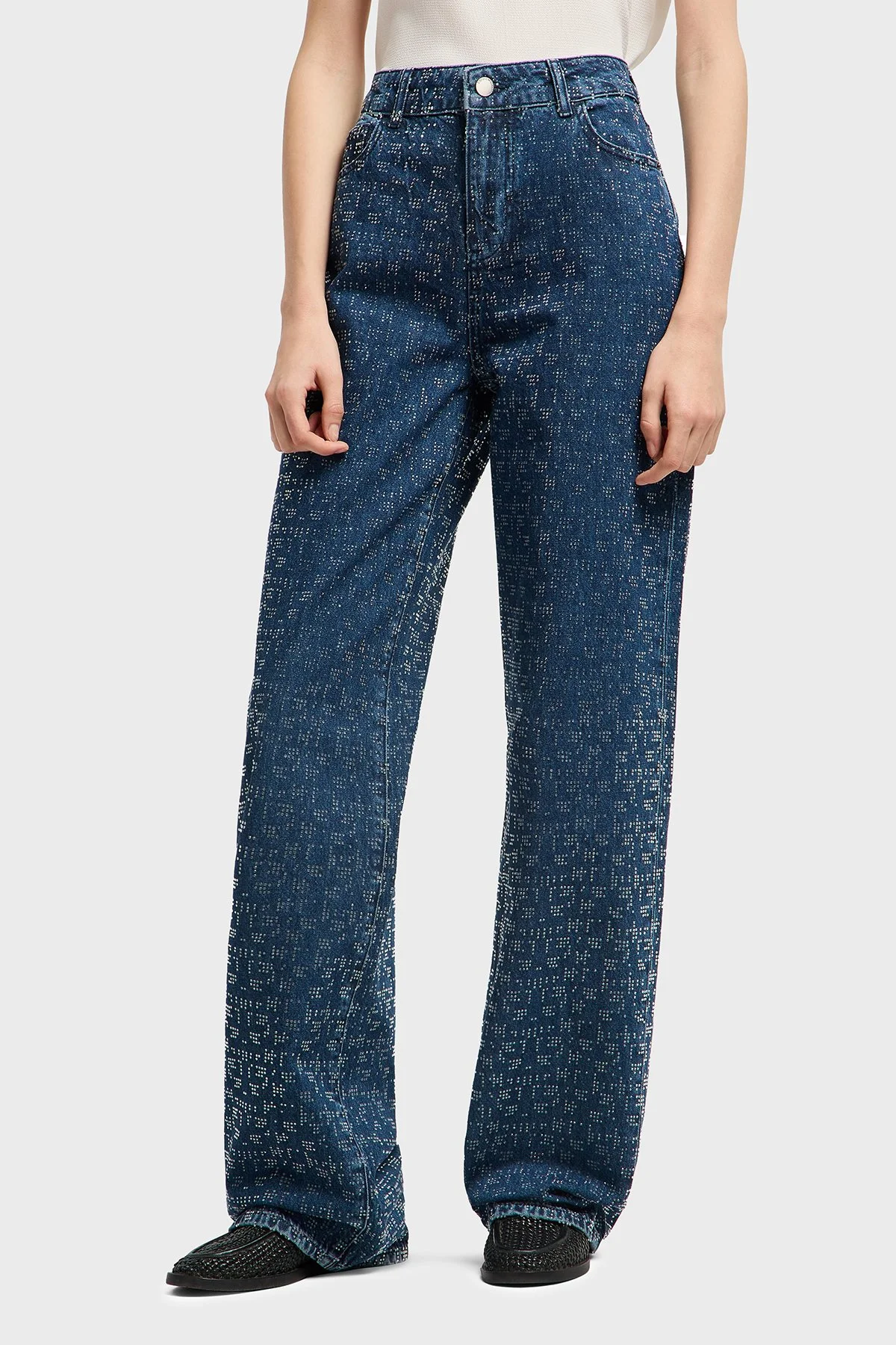 Emporio Armani Taşlı Regular Fit Yüksek Bel Geniş Paça Jeans Kadın Kot Pantolon EW001119 AF13298 MB001 LACİVERT - 1