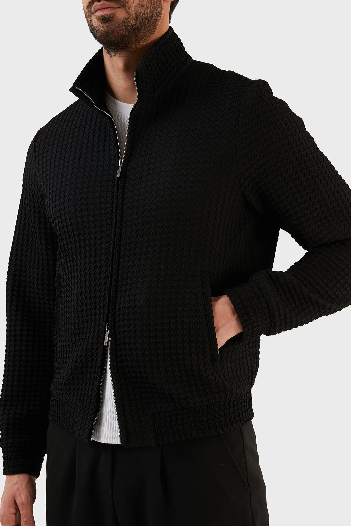 Emporio Armani Yün Karışımlı Regular Fit Astarsız Dik Yaka Erkek Mont D41R29 D1017 999 SİYAH - 2