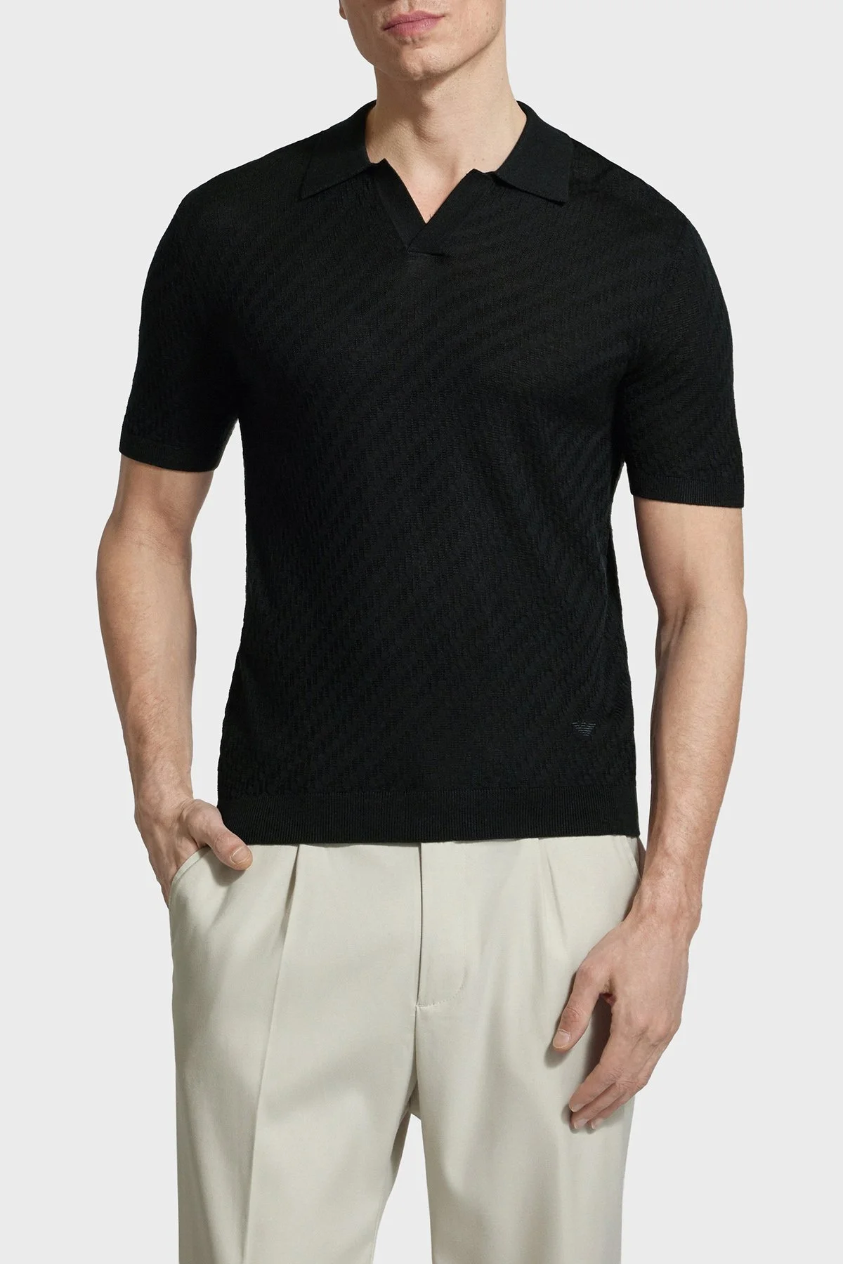 Emporio Armani Yün Karışımlı Regular Fit Polo Yaka Kısa Kollu Erkek Kazak EM004307 AF24573 UC001 SİYAH - 1