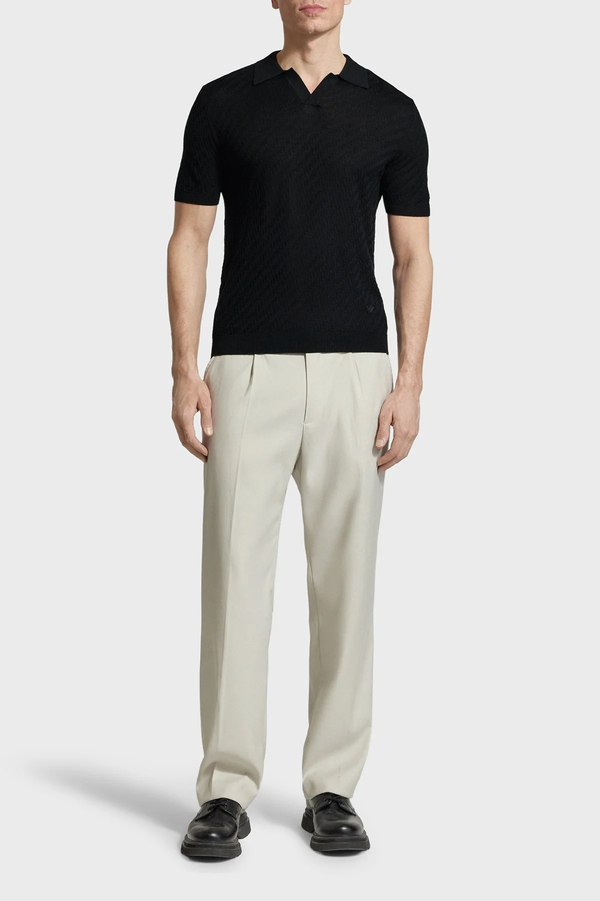 Emporio Armani Yün Karışımlı Regular Fit Polo Yaka Kısa Kollu Erkek Kazak EM004307 AF24573 UC001 SİYAH - 2