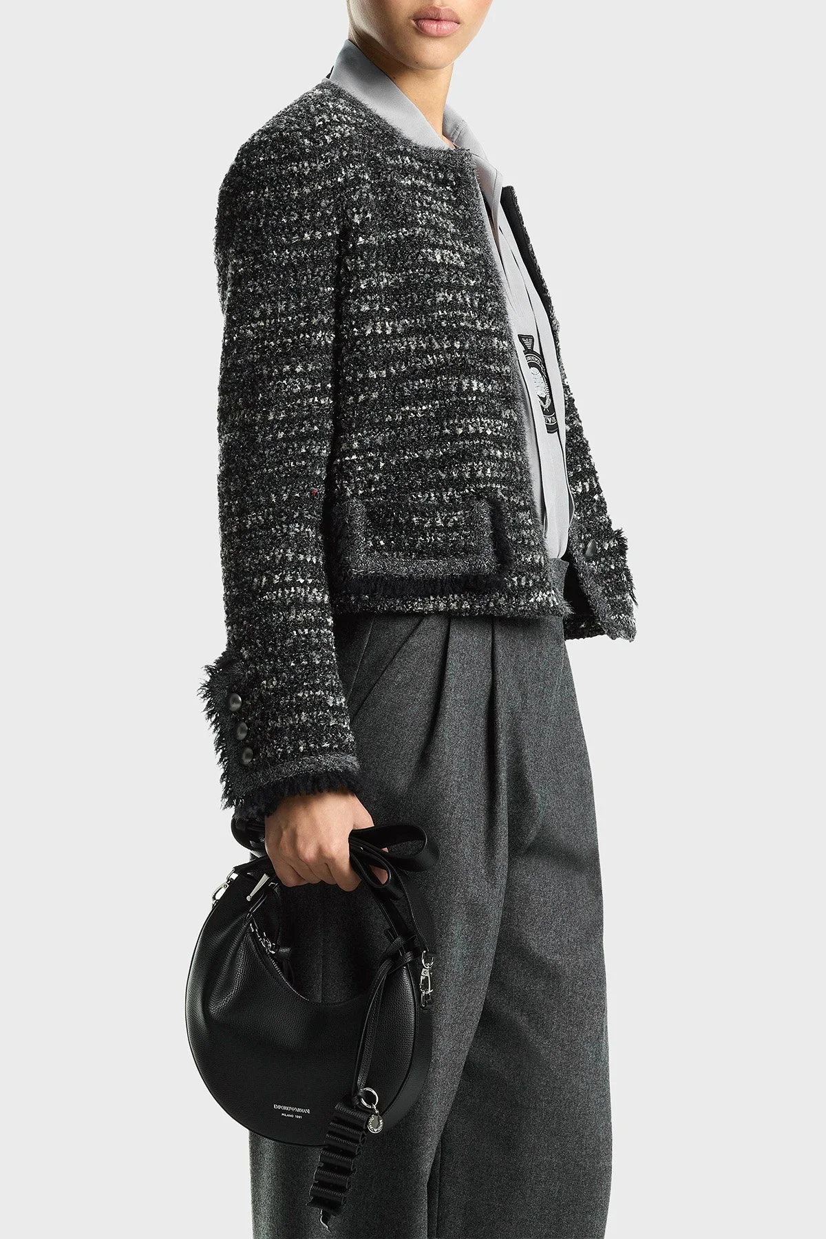Emporio Armani Yün Karışımlı Yuvarlak Yaka Kadın Ceket EW004236 AF24396 FC366 Gri melanj - 2