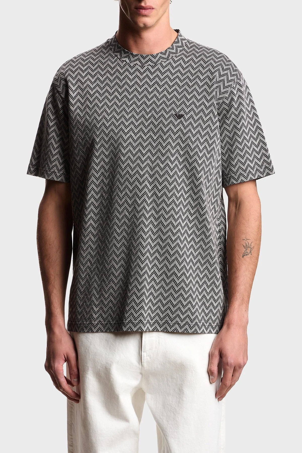 Emporio Armani Yün ve Kaşmir Karışımlı Desneli Bisiklet Yaka Erkek T Shirt EM005546 AF25181 F1008 GRİ - 1