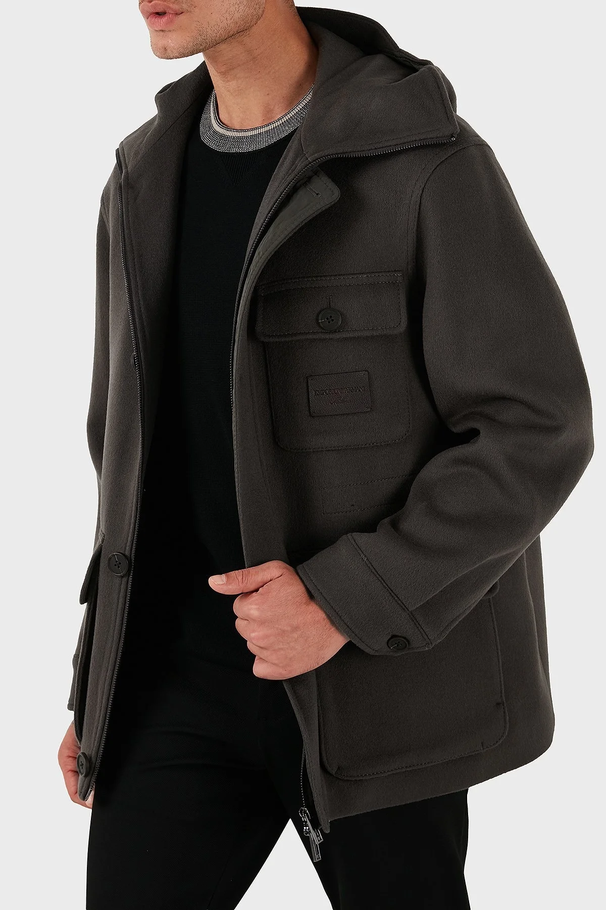 Emporio Armani Yün ve Kaşmir Karışımlı Regular Fit Kapüşonlu Erkek Mont EM003183 AF18229 U8112 ANTRASİT - 5