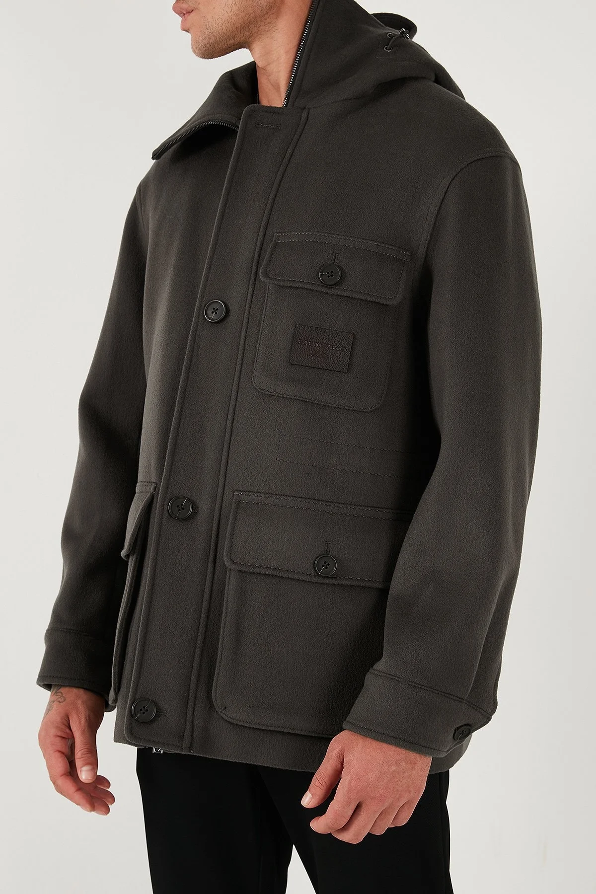 Emporio Armani Yün ve Kaşmir Karışımlı Regular Fit Kapüşonlu Erkek Mont EM003183 AF18229 U8112 ANTRASİT - 6