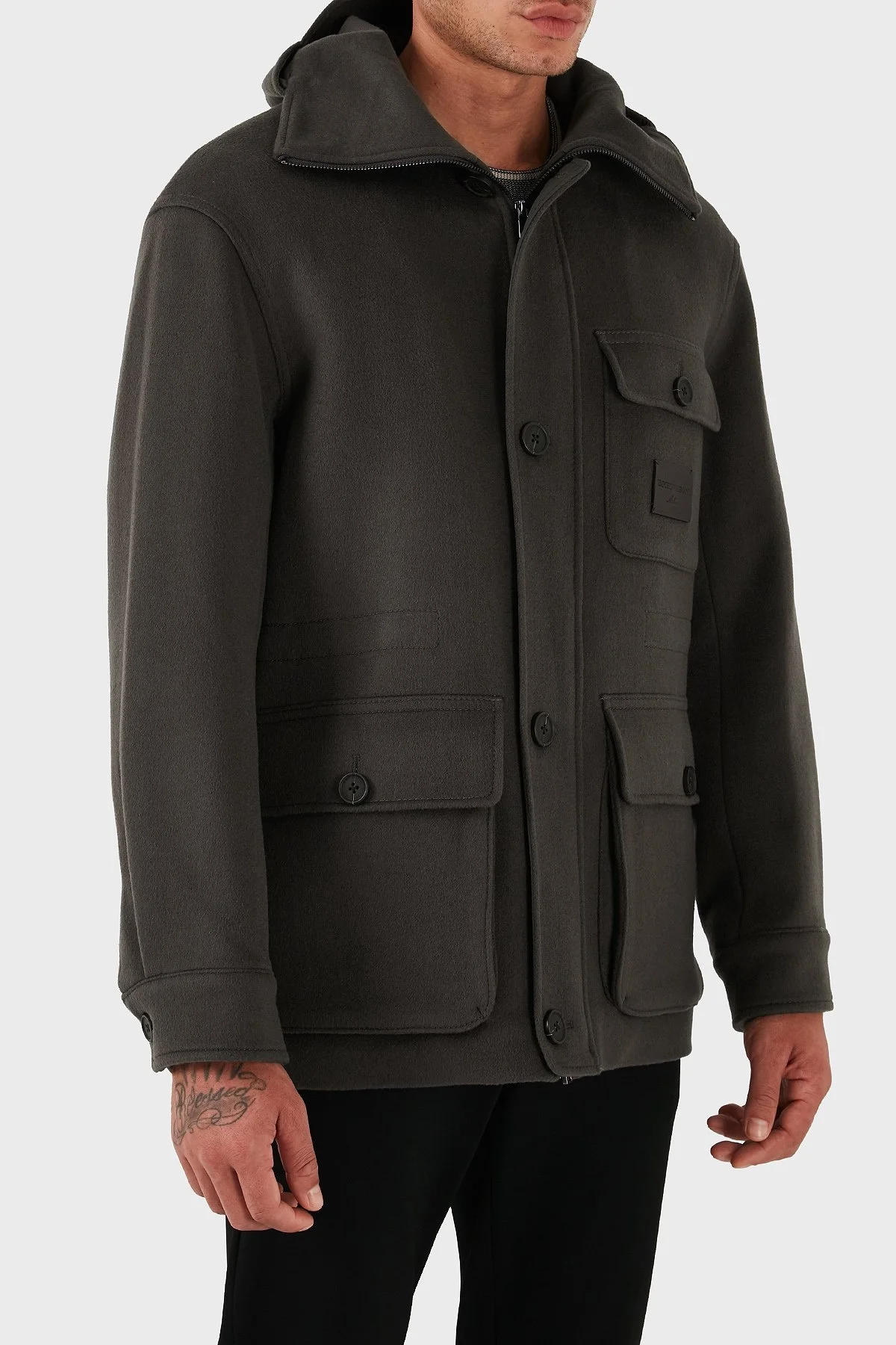 Emporio Armani Yün ve Kaşmir Karışımlı Regular Fit Kapüşonlu Erkek Mont EM003183 AF18229 U8112 ANTRASİT - 7