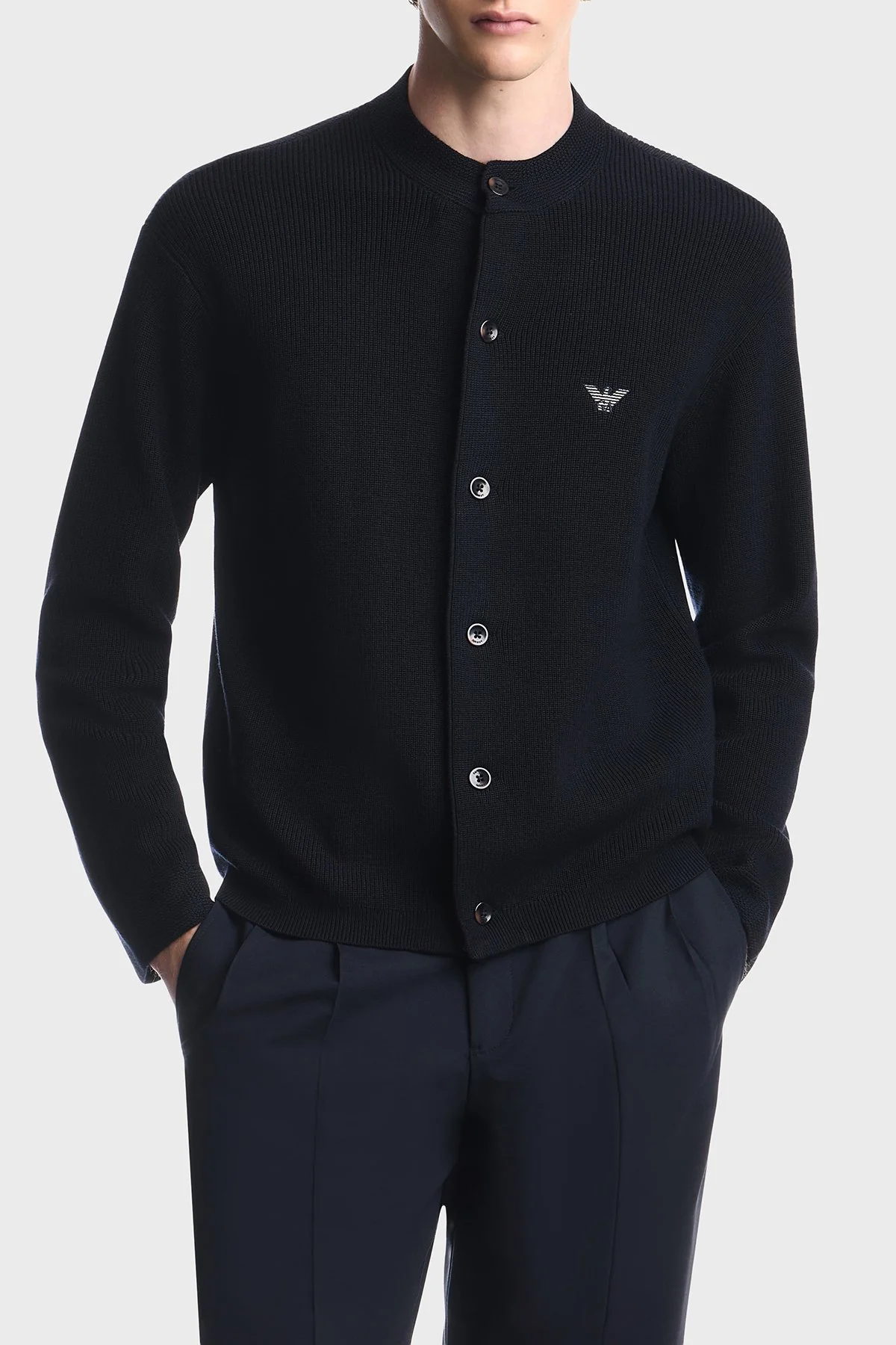 Emporio Armani Yün ve Pamuk Karışımlı Bisiklet Yaka Düğmeli Erkek Hırka EM006289 AF27812 UB118 Lacivert - 4