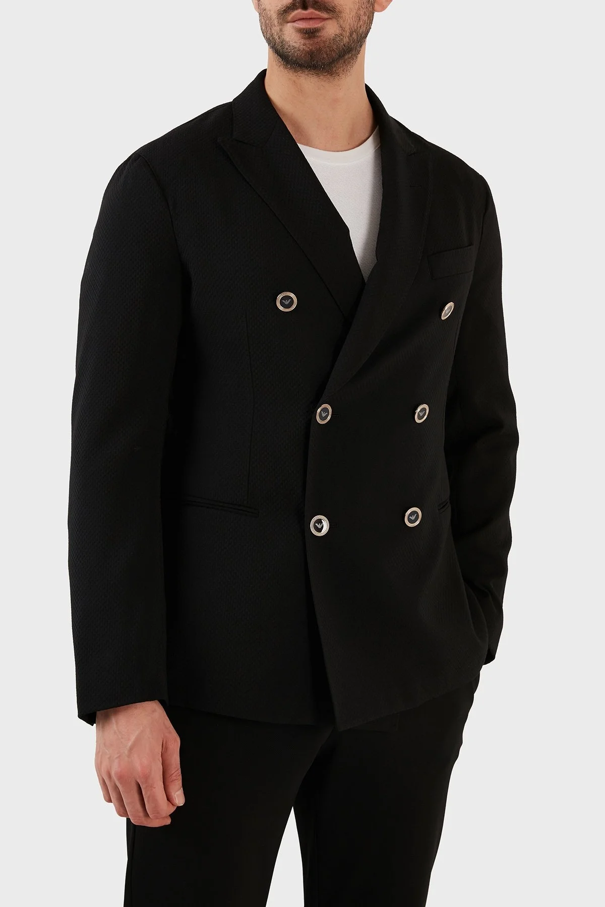 Emporio Armani Yünlü Çift Yırtmaçlı Kruvaze Erkek Ceket D41GC6 D1801 999 SİYAH - 1