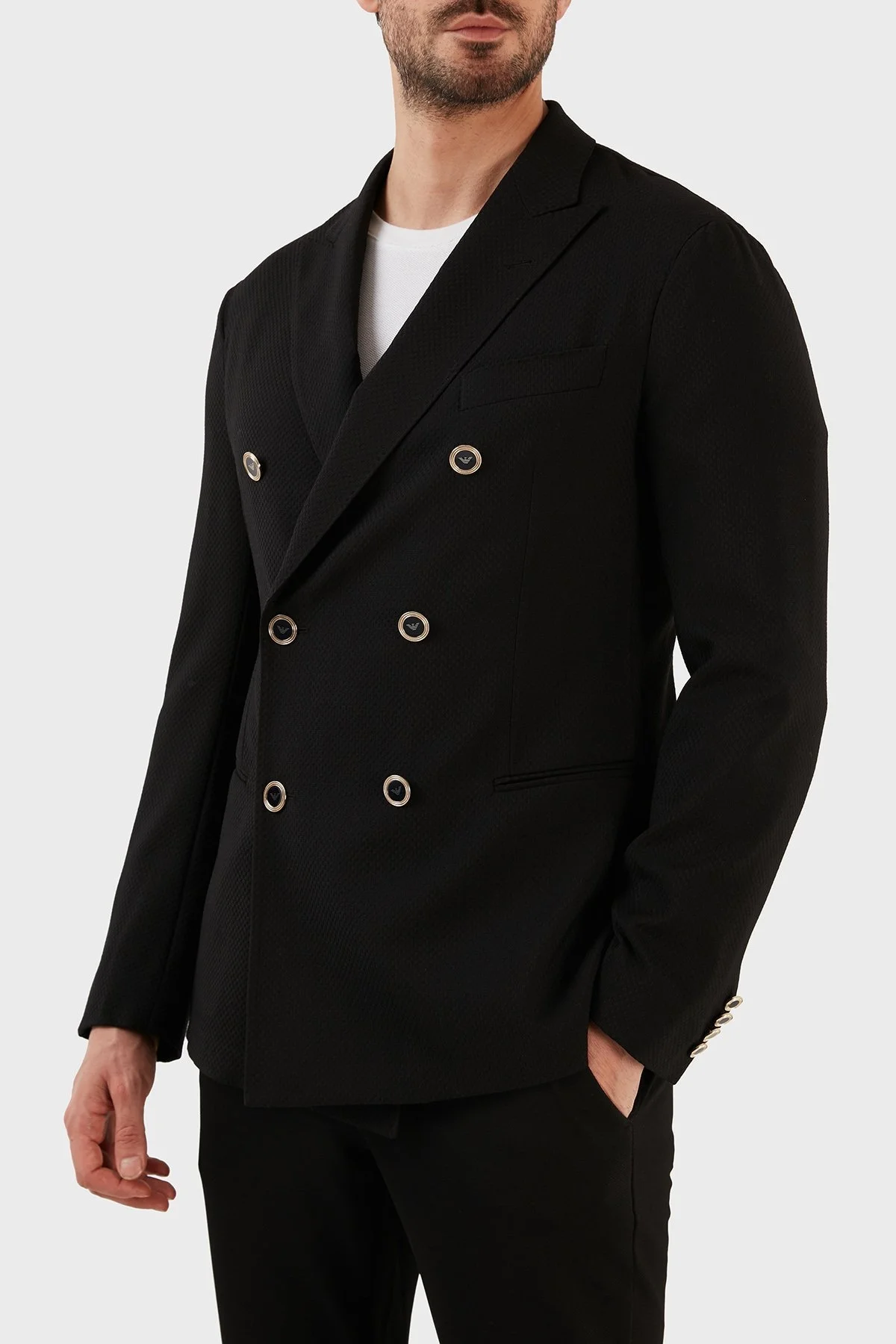 Emporio Armani Yünlü Çift Yırtmaçlı Kruvaze Erkek Ceket D41GC6 D1801 999 SİYAH - 2