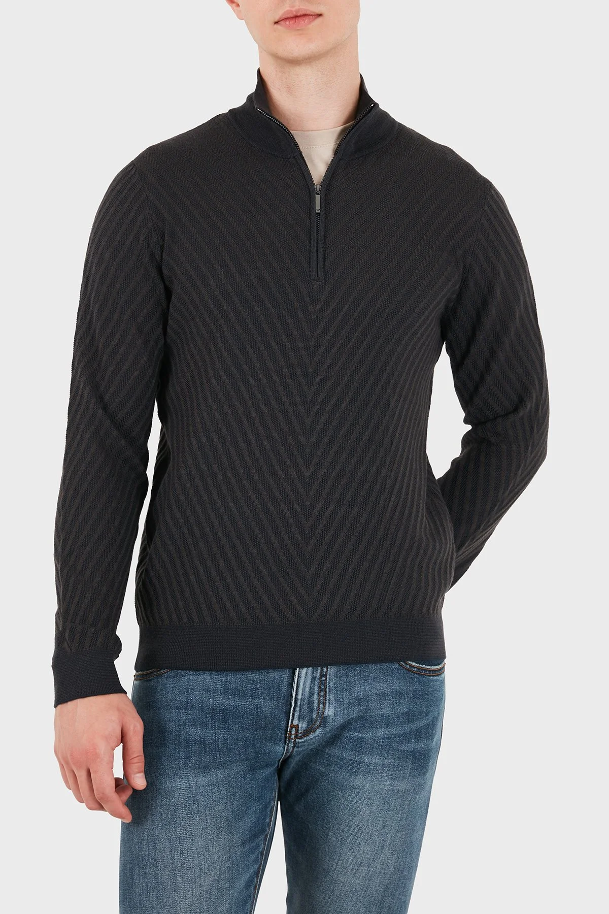 Emporio Armani Yünlü Fermuarlı Dik Yaka Erkek Kazak EM006316 AF27942 FB004 Lacivert - 1