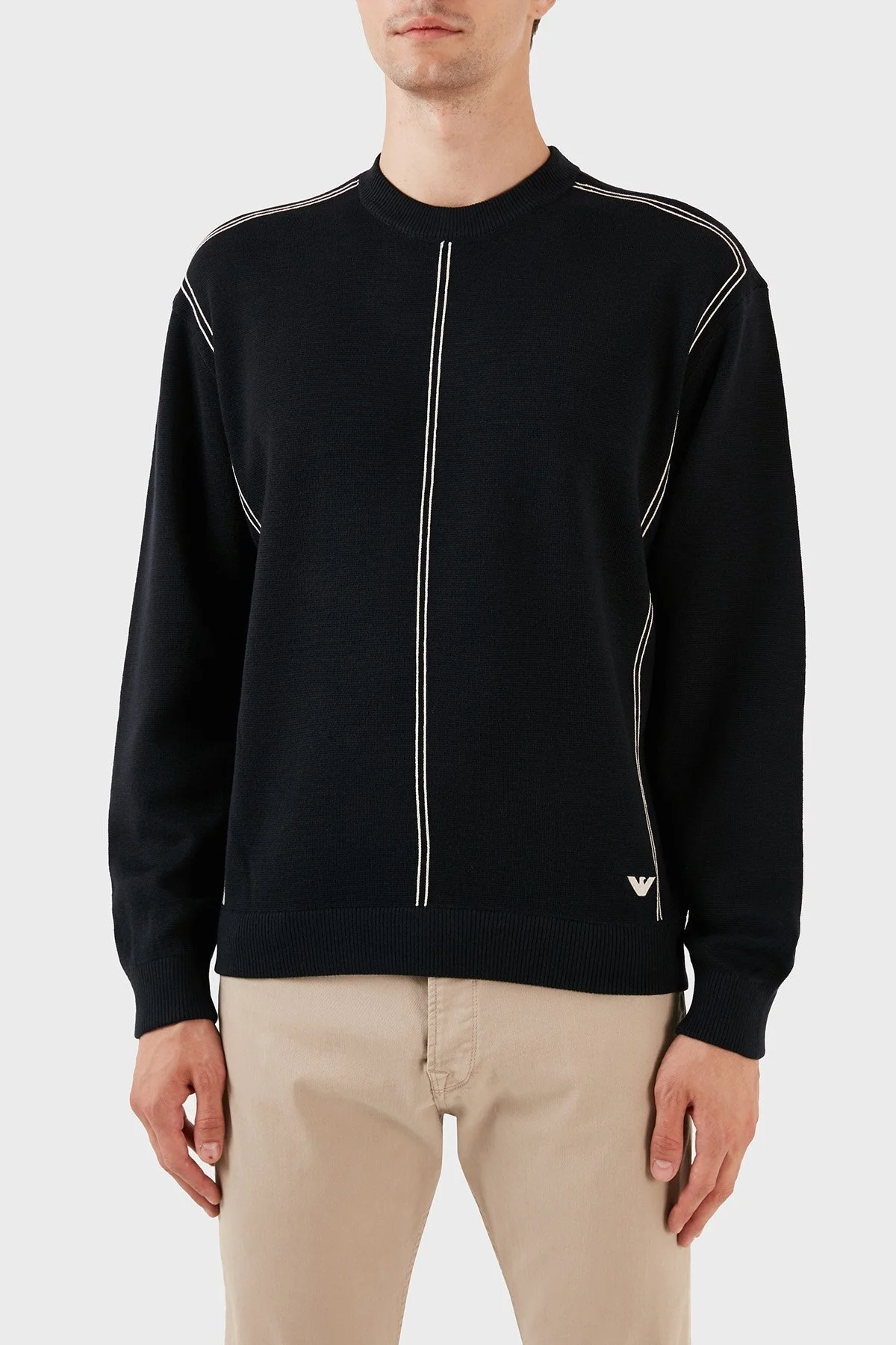 Emporio Armani Yünlü Jakarlı Çizgi Desenli Bisiklet Yaka Regular Fit Erkek Kazak 6R1MX3 1MOZZ 0920 LACİVERT - 1