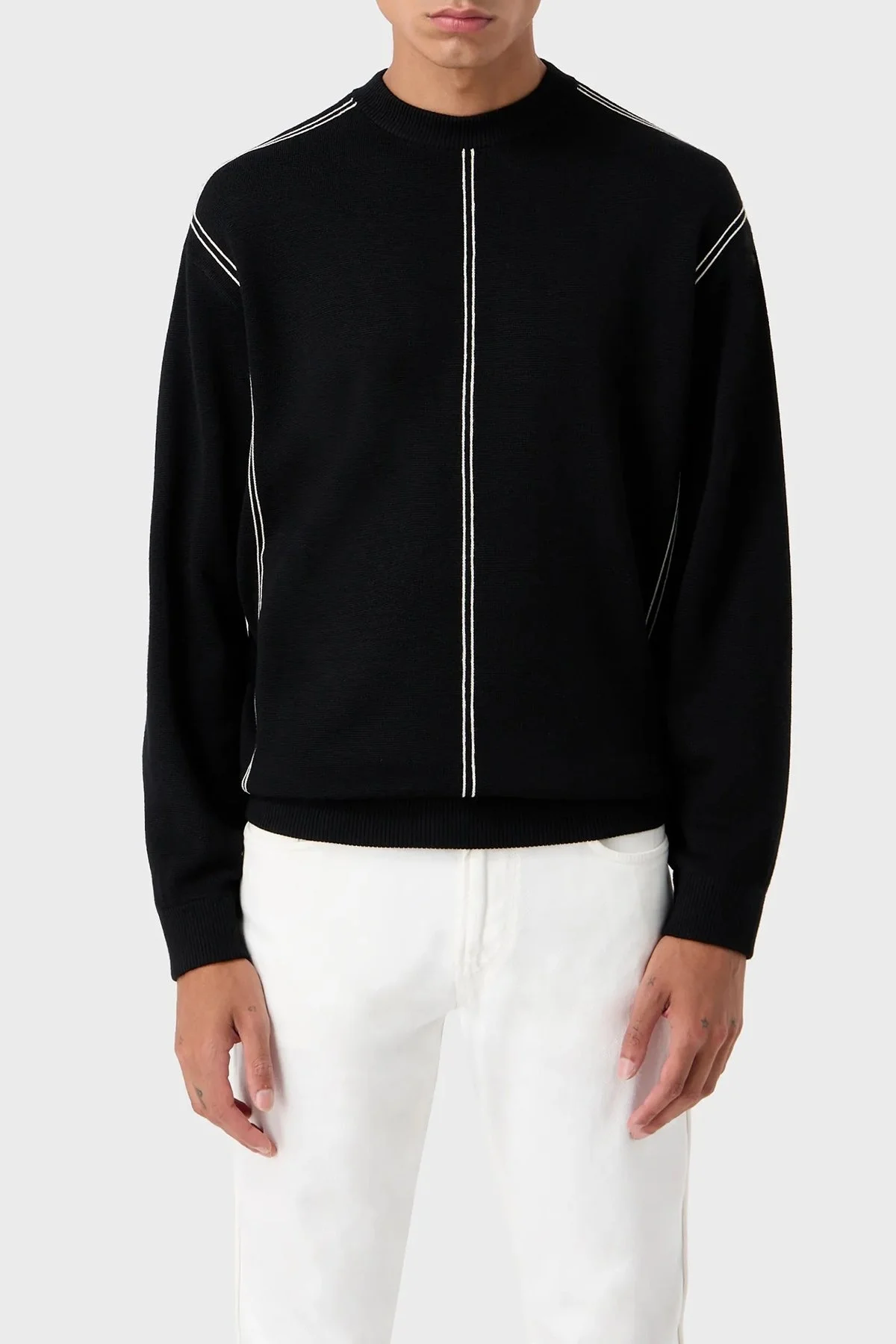 Emporio Armani Yünlü Jakarlı Çizgi Desenli Bisiklet Yaka Regular Fit Erkek Kazak 6R1MX3 1MOZZ 0999 SİYAH - 1