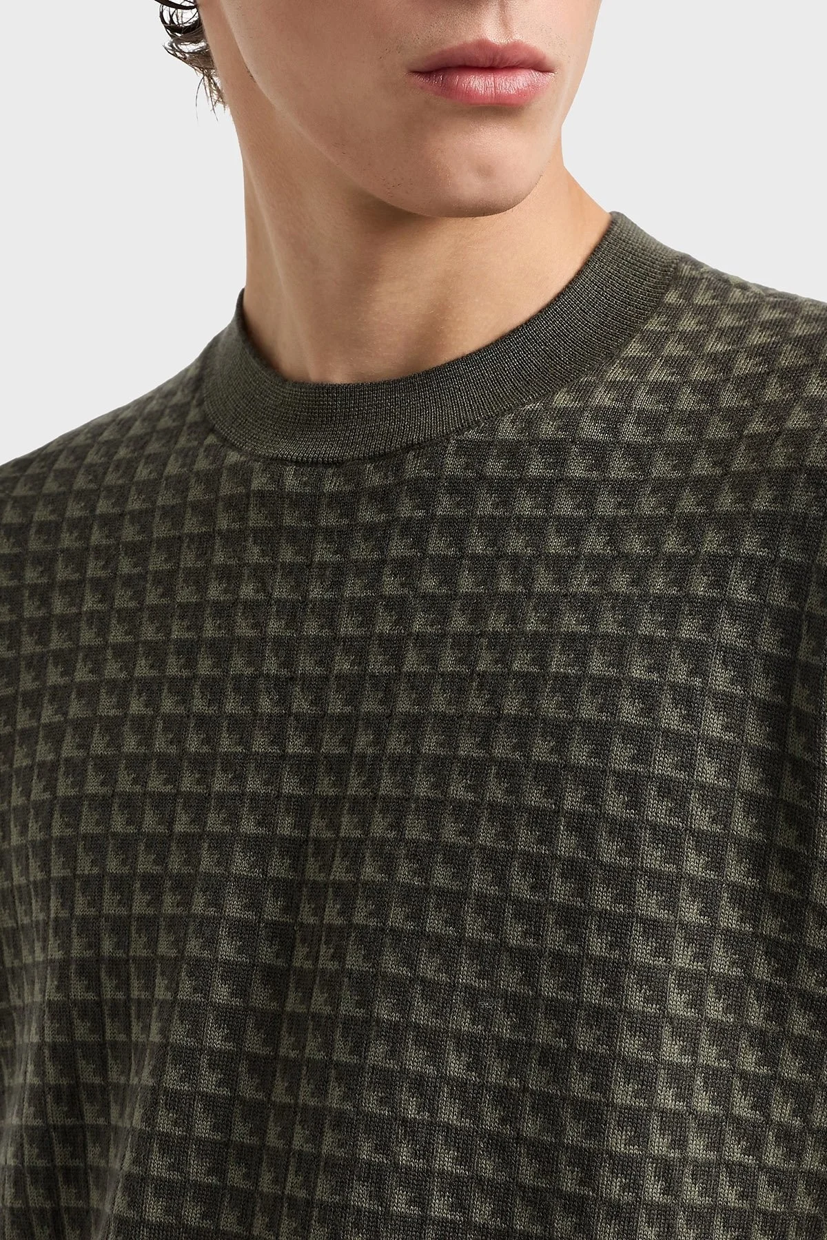 Emporio Armani Yünlü Jakarlı Logo Baskılı Regular Fit Bisiklet Yaka Erkek Kazak EM001989 AF14199 F8047 HAKİ - 4