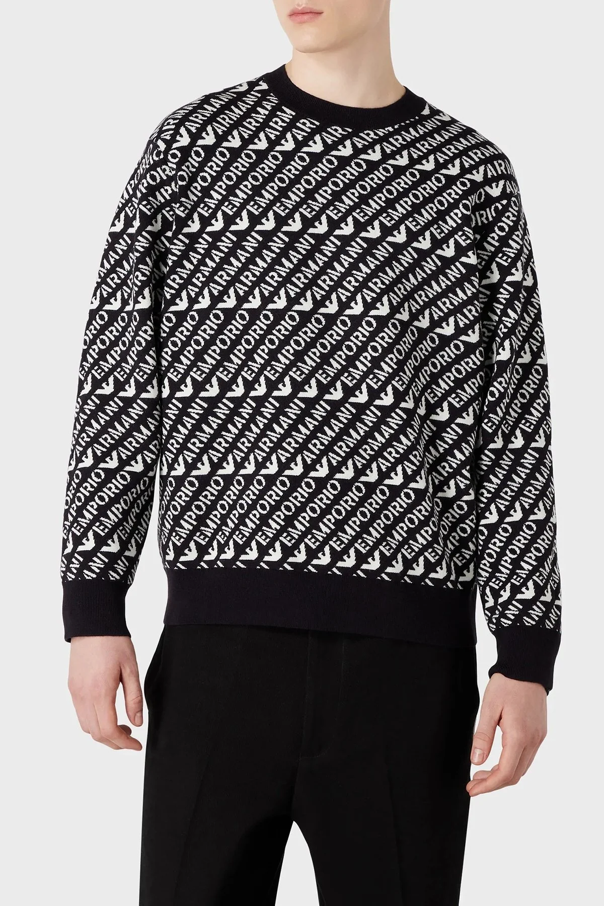 Emporio Armani Yünlü Logo Desenli Bisiklet Yaka Regular Fit Erkek Kazak 6R1MU2 1MMKZ F905 LACİVERT-BEYAZ - 1