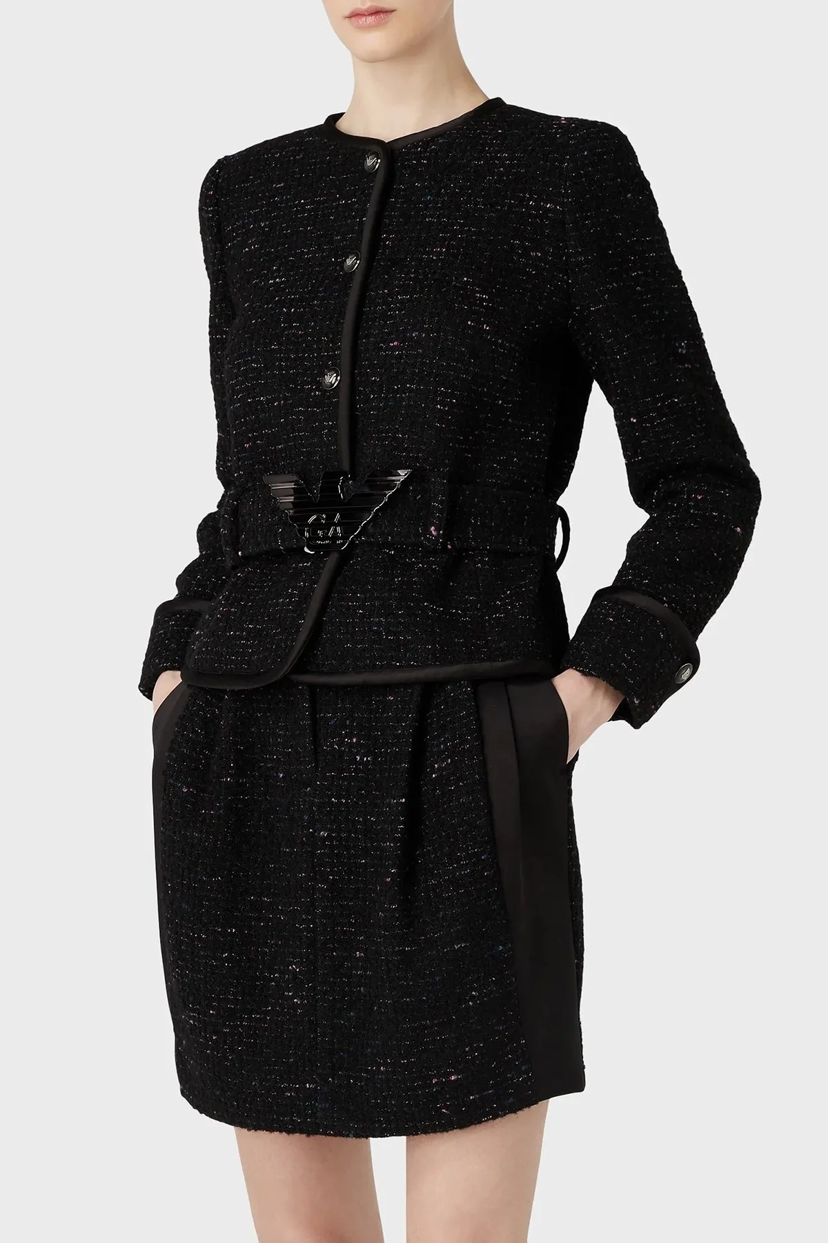 Emporio Armani Yünlü Metalik Marka Logo Kemerli Regular Fit Tüvit Bayan Ceket H4NG1B E9902 010 SİYAH - 2