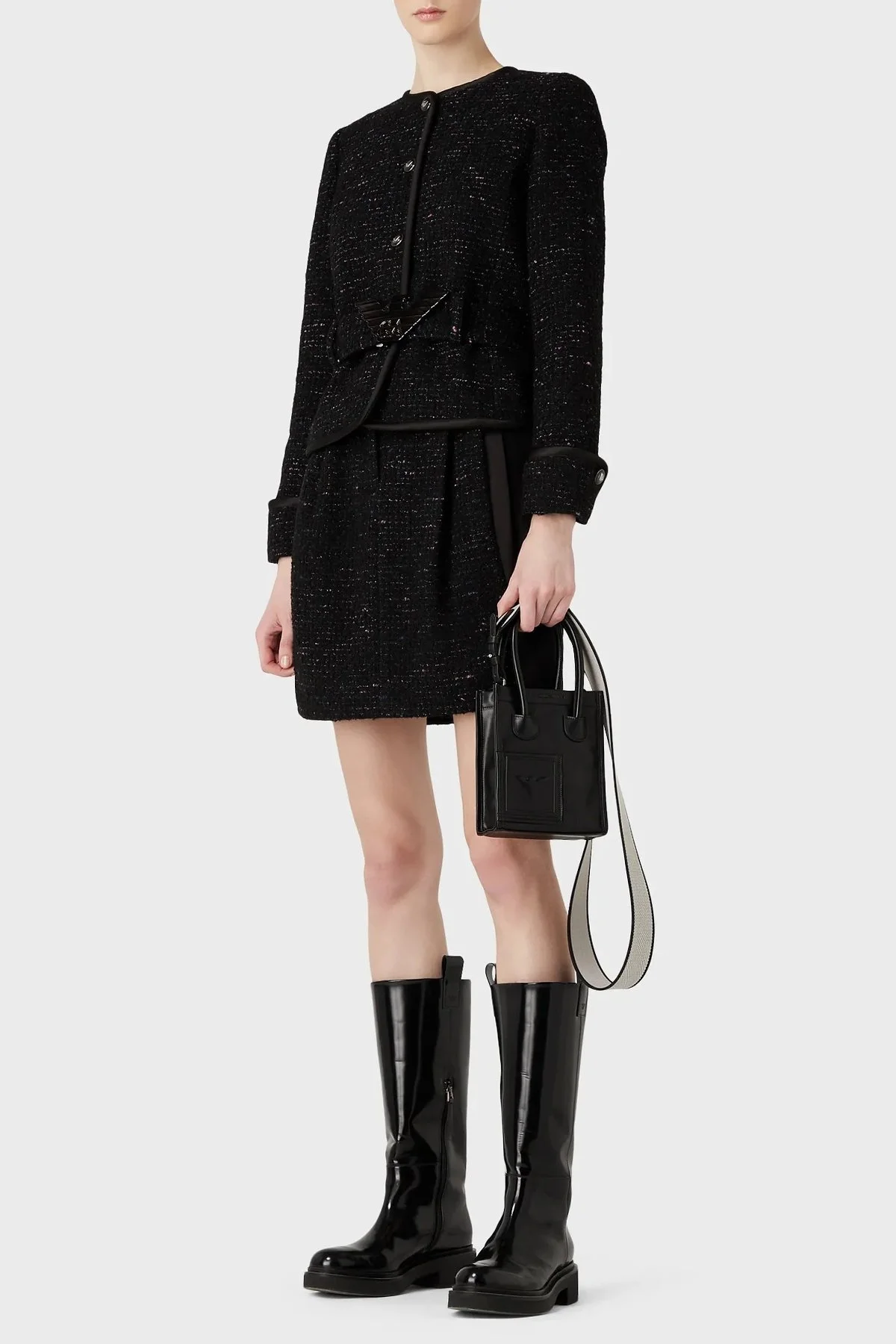 Emporio Armani Yünlü Metalik Marka Logo Kemerli Regular Fit Tüvit Bayan Ceket H4NG1B E9902 010 SİYAH - 4