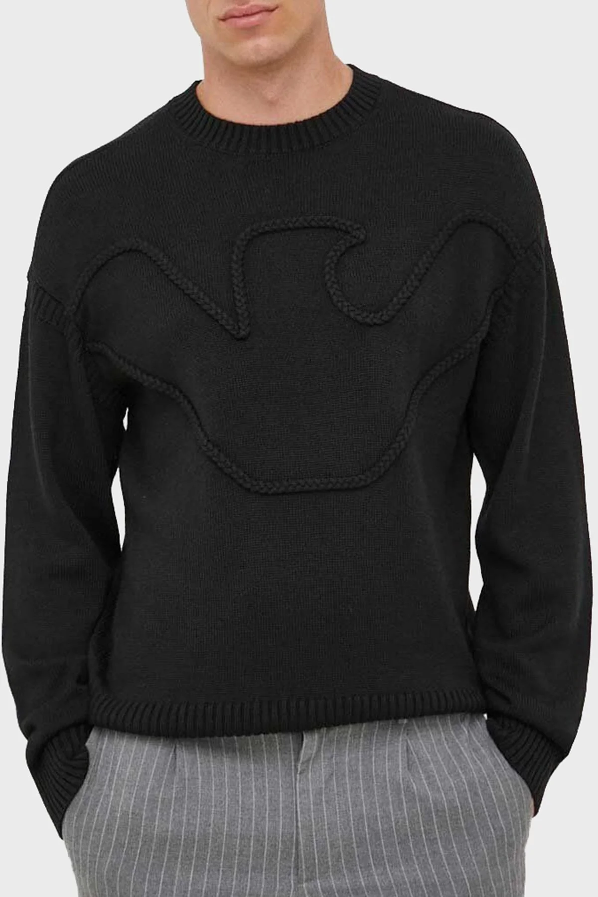 Emporio Armani Yünlü Örgü Logolu Bisiklet Yaka Regular Fit Erkek Kazak 6R1MXP 1MMAZ F087 SİYAH - 1