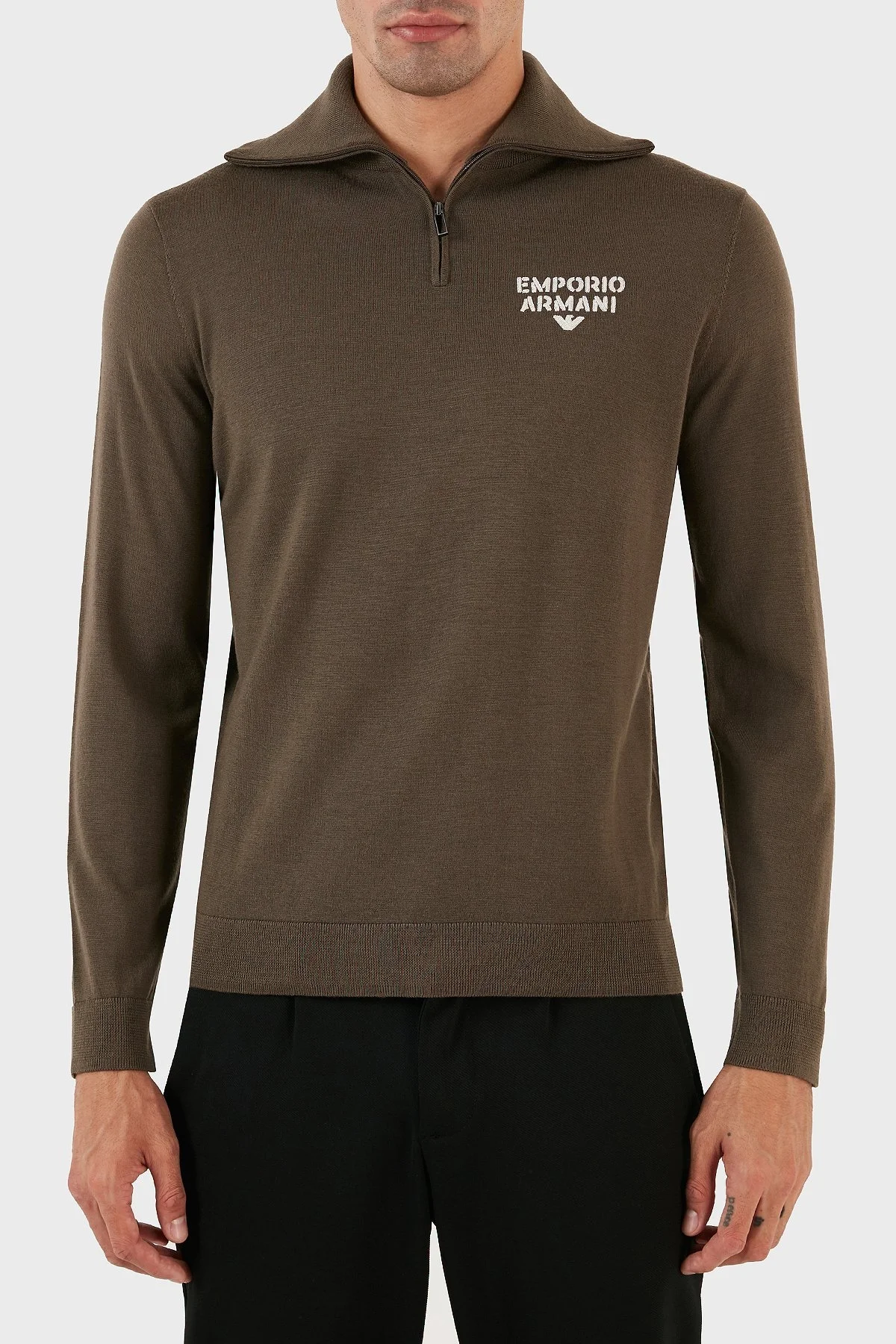 Emporio Armani Yünlü Regular Fit Fermuarlı Dik Yaka Erkek Kazak 6R1MXF 1MNFZ F440 HAKİ - 1