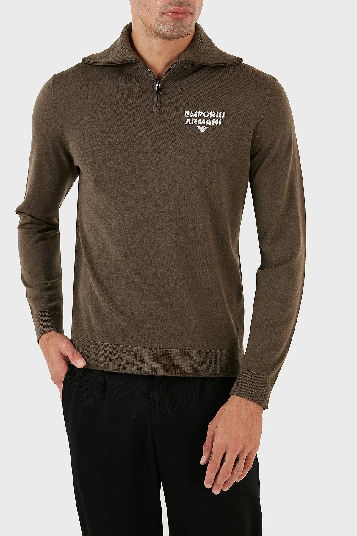 Emporio Armani Yünlü Regular Fit Fermuarlı Dik Yaka Erkek Kazak 6R1MXF 1MNFZ F440 HAKİ - 6