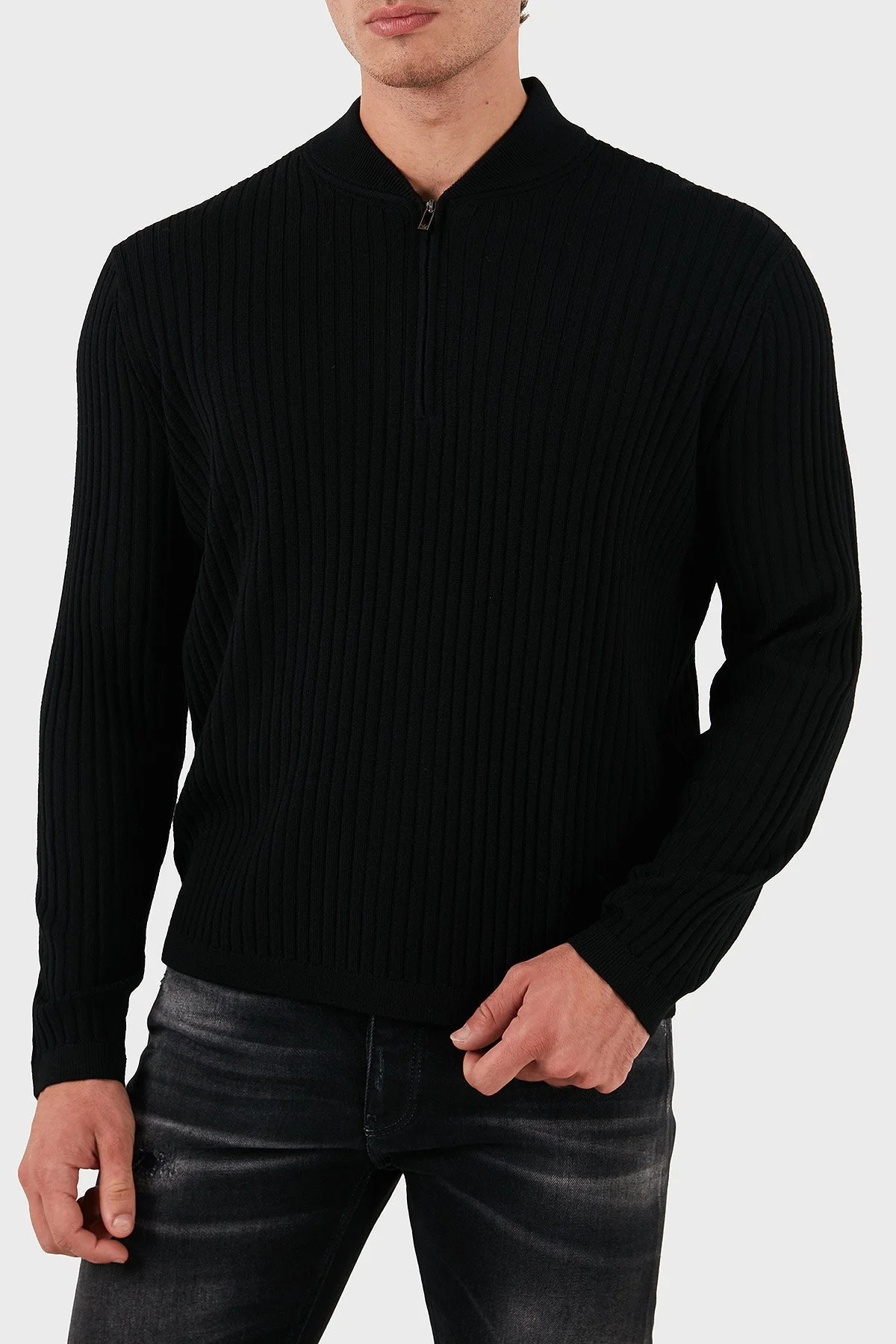 Emporio Armani Yünlü Regular Fit Yarım Fermuarlı Kolej Yaka Erkek Kazak 6D1MXP 1MKDZ 0999 SİYAH - 1
