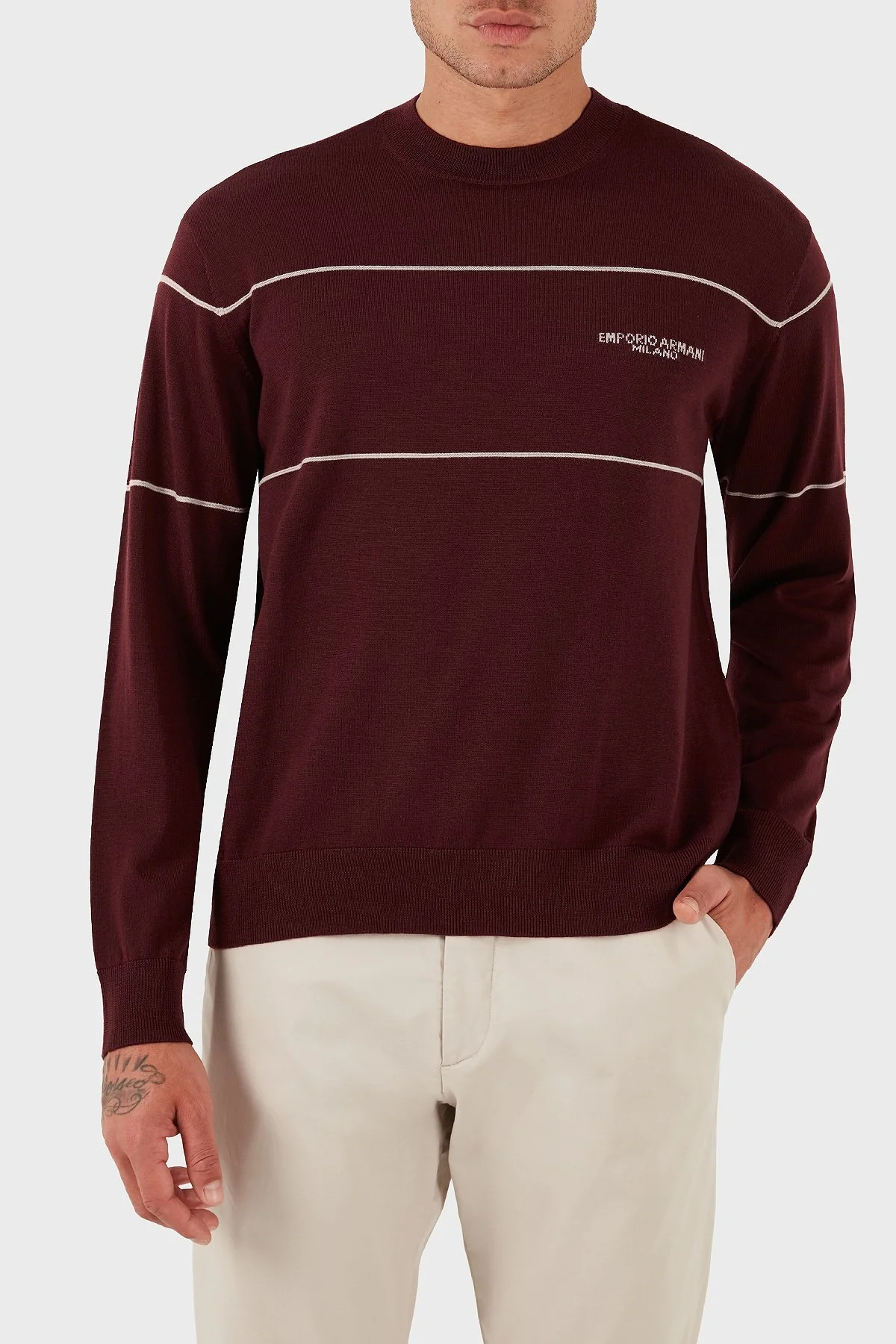 Emporio Armani Yünlü Şerit Detaylı Regular Fit Bisiklet Yaka Erkek Kazak EM002796 AF14199 M5065 BORDO - 1