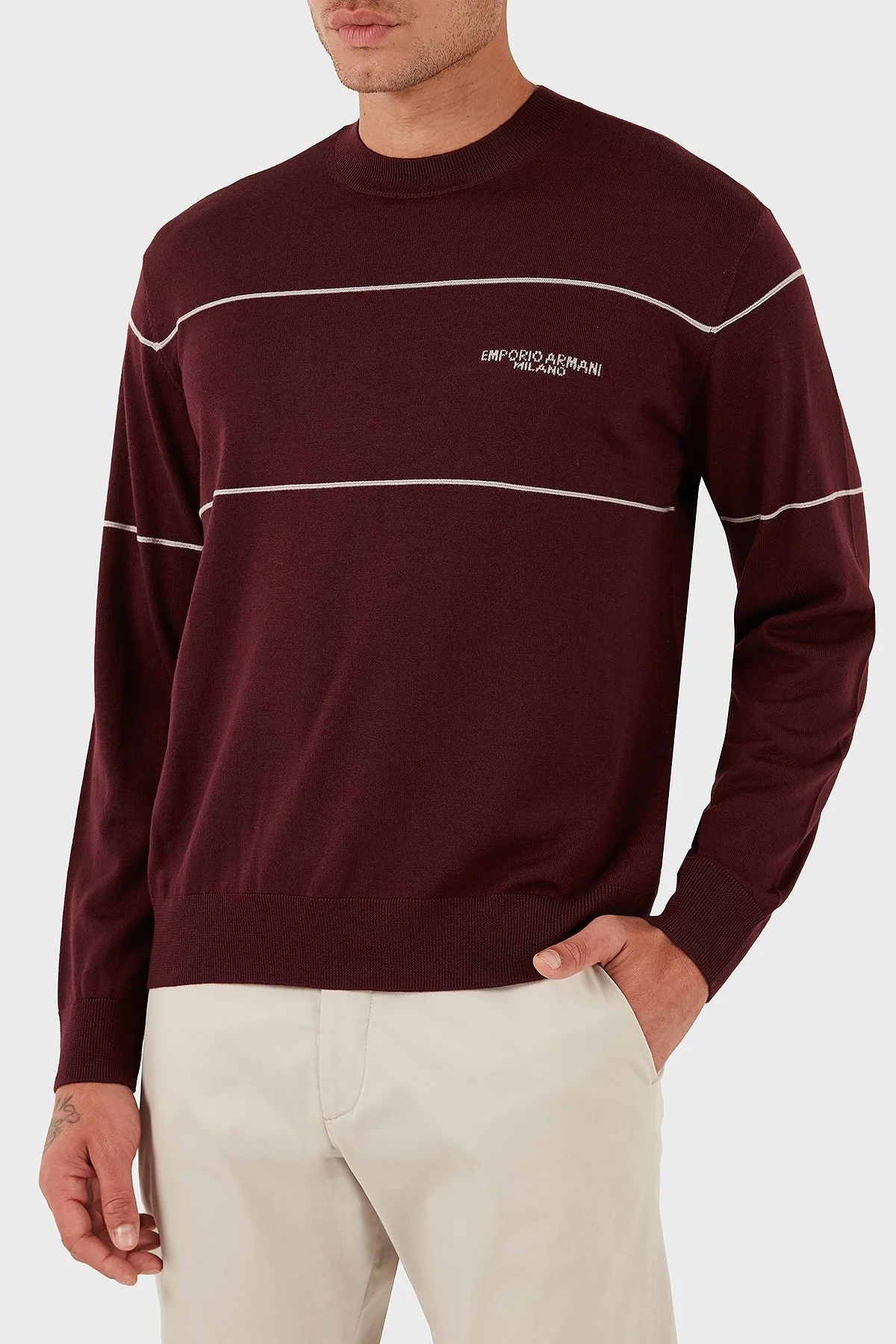 Emporio Armani Yünlü Şerit Detaylı Regular Fit Bisiklet Yaka Erkek Kazak EM002796 AF14199 M5065 BORDO - 3