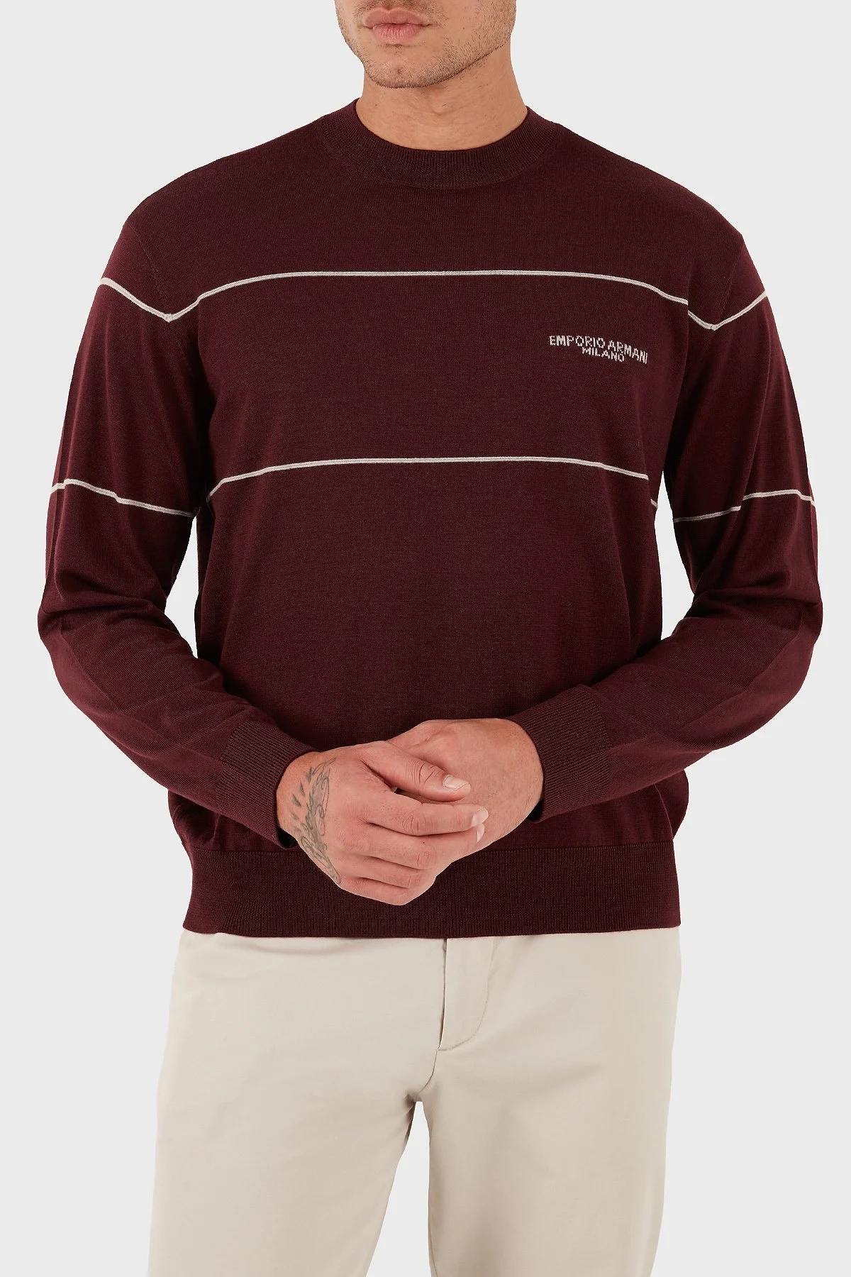 Emporio Armani Yünlü Şerit Detaylı Regular Fit Bisiklet Yaka Erkek Kazak EM002796 AF14199 M5065 BORDO - 4