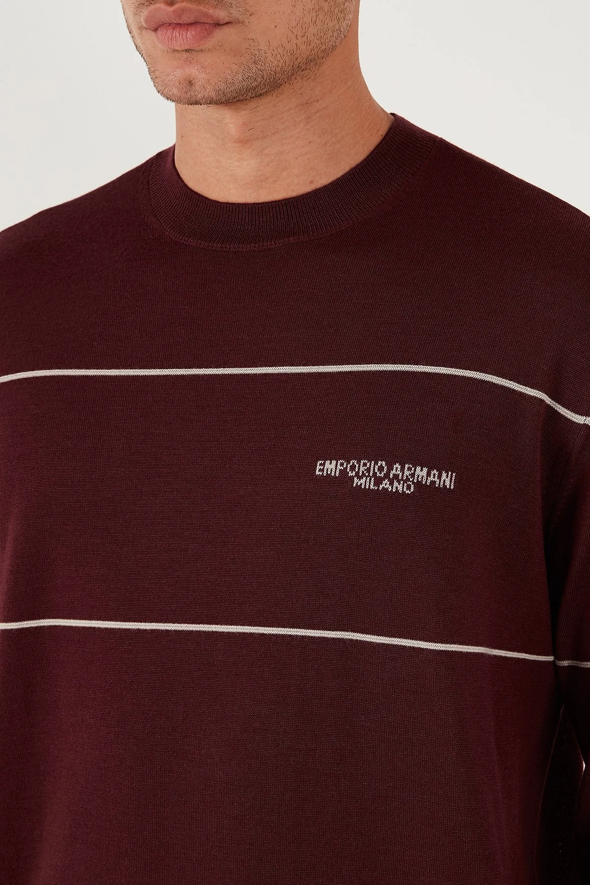 Emporio Armani Yünlü Şerit Detaylı Regular Fit Bisiklet Yaka Erkek Kazak EM002796 AF14199 M5065 BORDO - 5