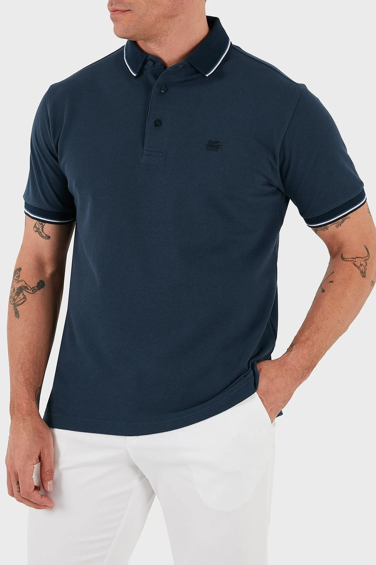 Etro % 100 Pamuk Regular Fit Şerit Detaylı Düğmeli Erkek Polo Yaka T Shirt MRMD0016 AJ266 B3681 LACİVERT - 7
