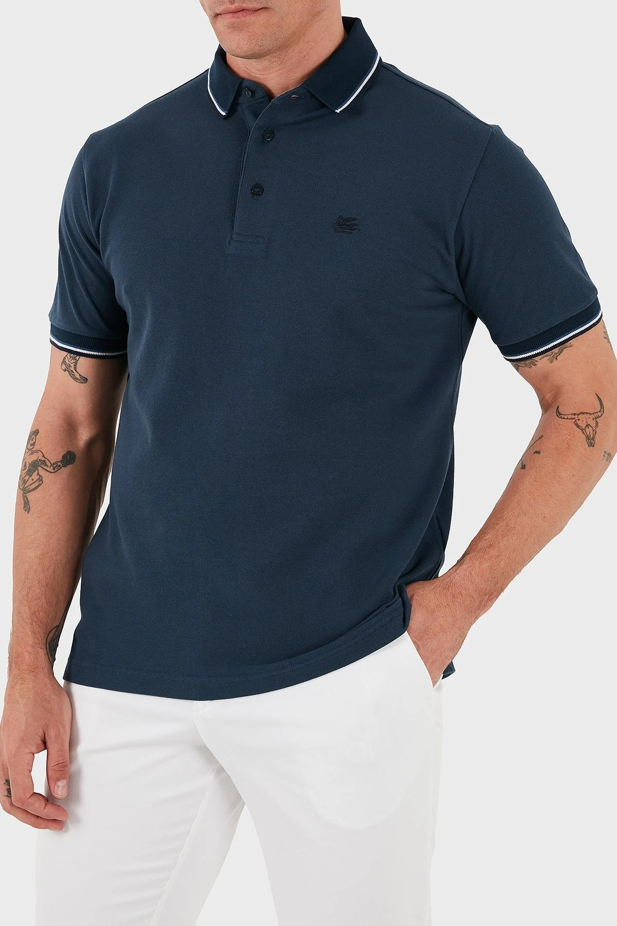 Etro % 100 Pamuk Regular Fit Şerit Detaylı Düğmeli Erkek Polo Yaka T Shirt MRMD0016 AJ266 B3681 LACİVERT - 10