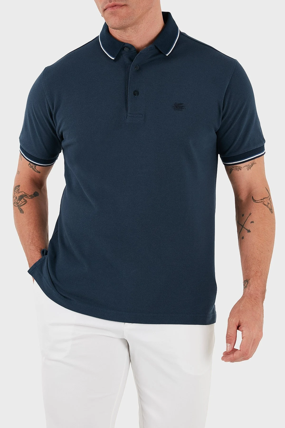 Etro % 100 Pamuk Regular Fit Şerit Detaylı Düğmeli Erkek Polo Yaka T Shirt MRMD0016 AJ266 B3681 LACİVERT - 11