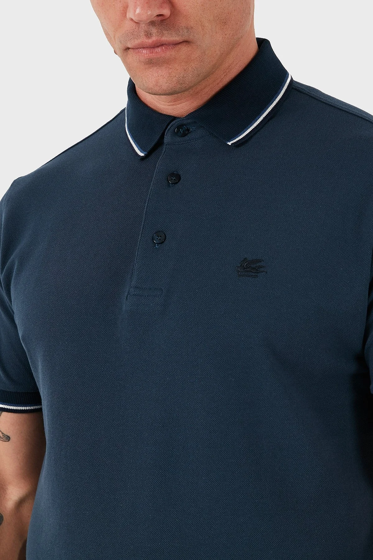 Etro % 100 Pamuk Regular Fit Şerit Detaylı Düğmeli Erkek Polo Yaka T Shirt MRMD0016 AJ266 B3681 LACİVERT - 12
