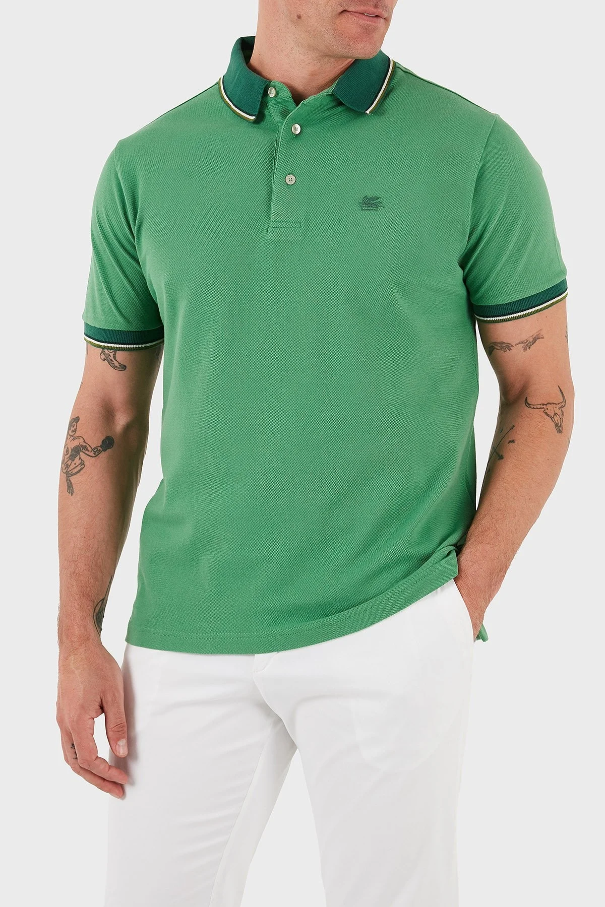 Etro % 100 Pamuk Regular Fit Şerit Detaylı Düğmeli Polo Yaka Erkek T Shirt MRMD0016 AJ266 V0931 YEŞİL - 7