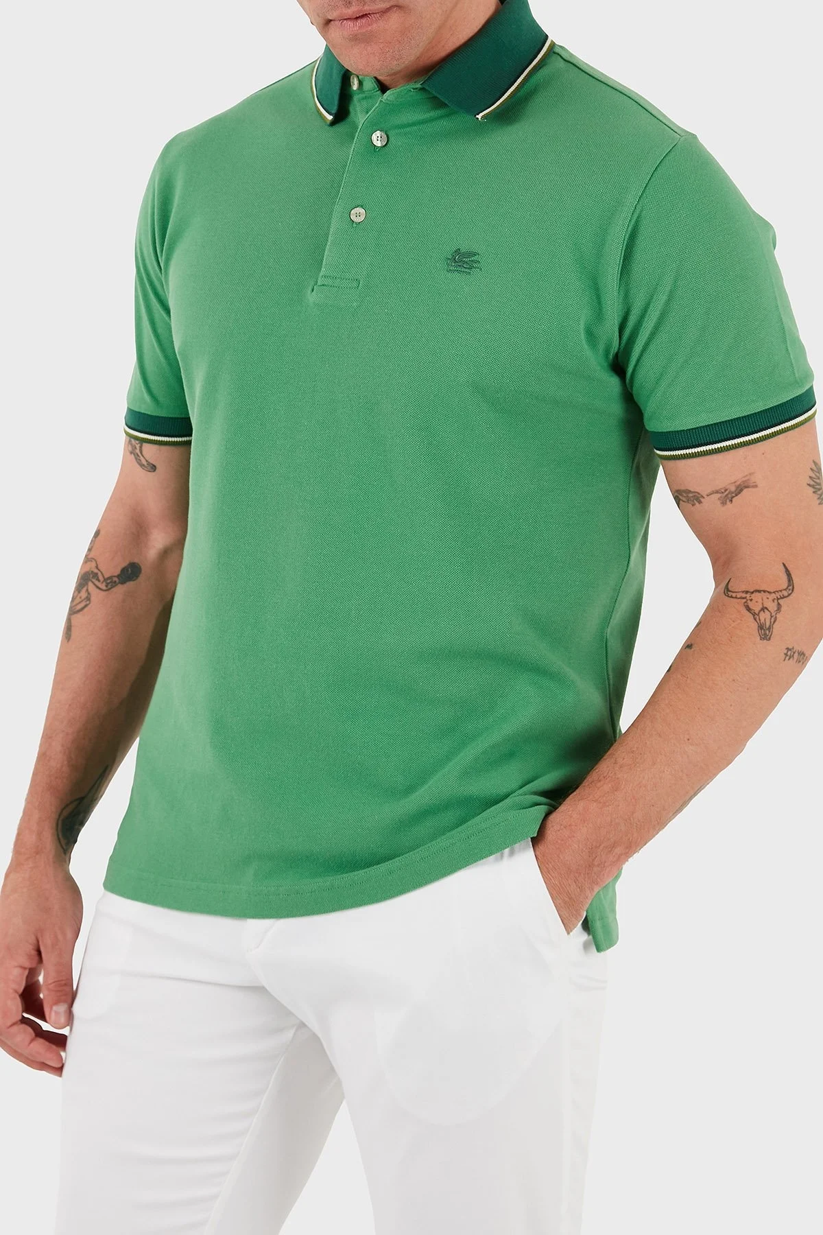 Etro % 100 Pamuk Regular Fit Şerit Detaylı Düğmeli Polo Yaka Erkek T Shirt MRMD0016 AJ266 V0931 YEŞİL - 10