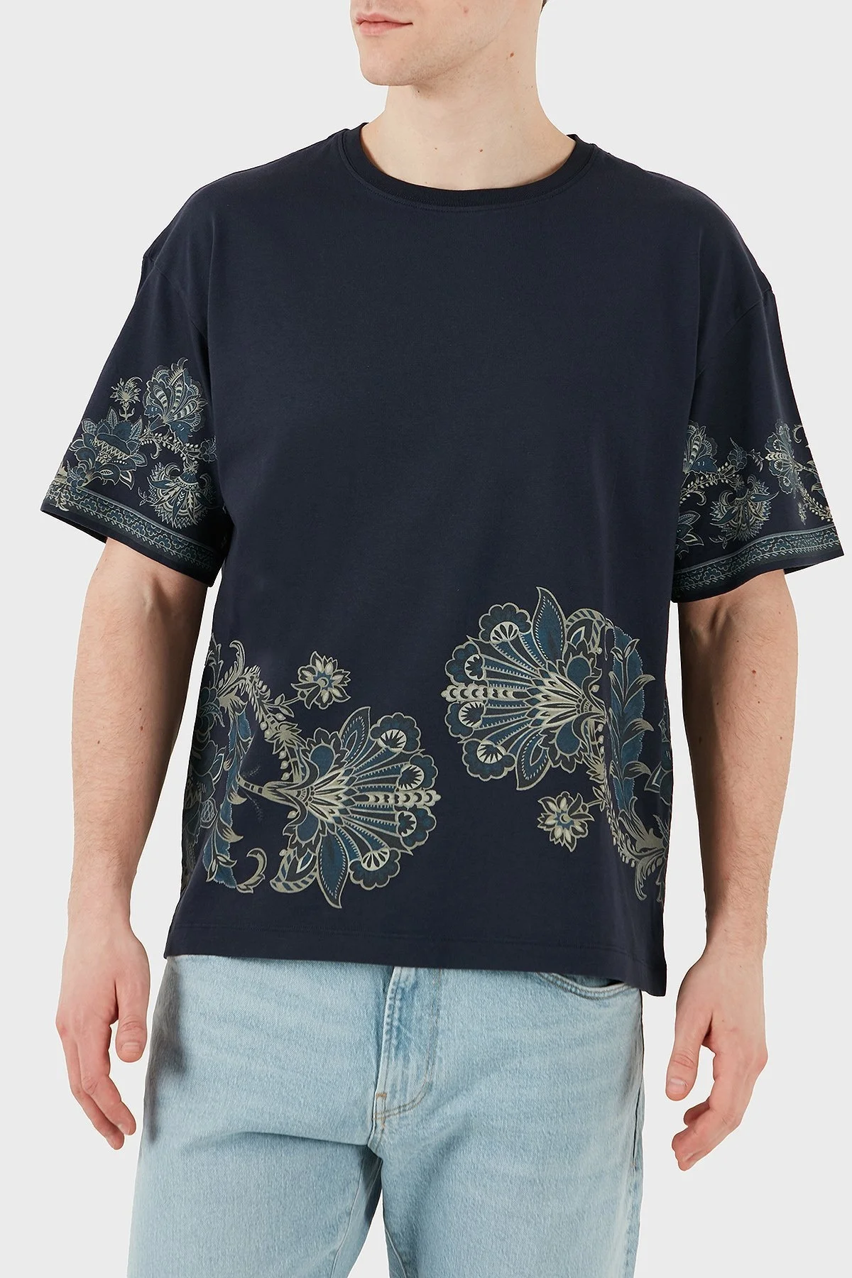 Etro Desenli % 100 Pamuk Regular Fit Bisiklet Yaka Erkek T Shirt MRMA0004 AK598 X0883 LACİVERT - 5