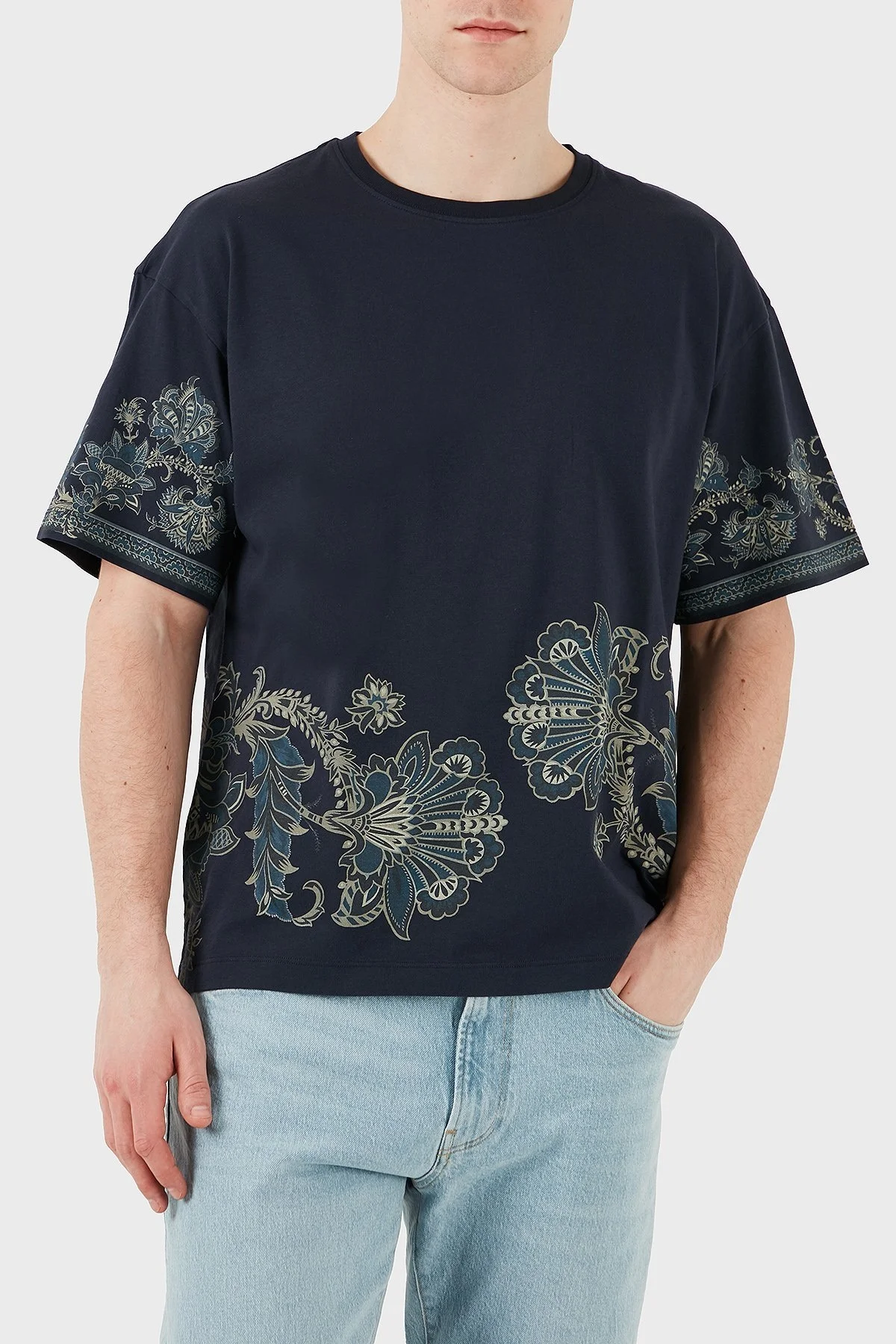 Etro Desenli % 100 Pamuk Regular Fit Bisiklet Yaka Erkek T Shirt MRMA0004 AK598 X0883 LACİVERT - 6