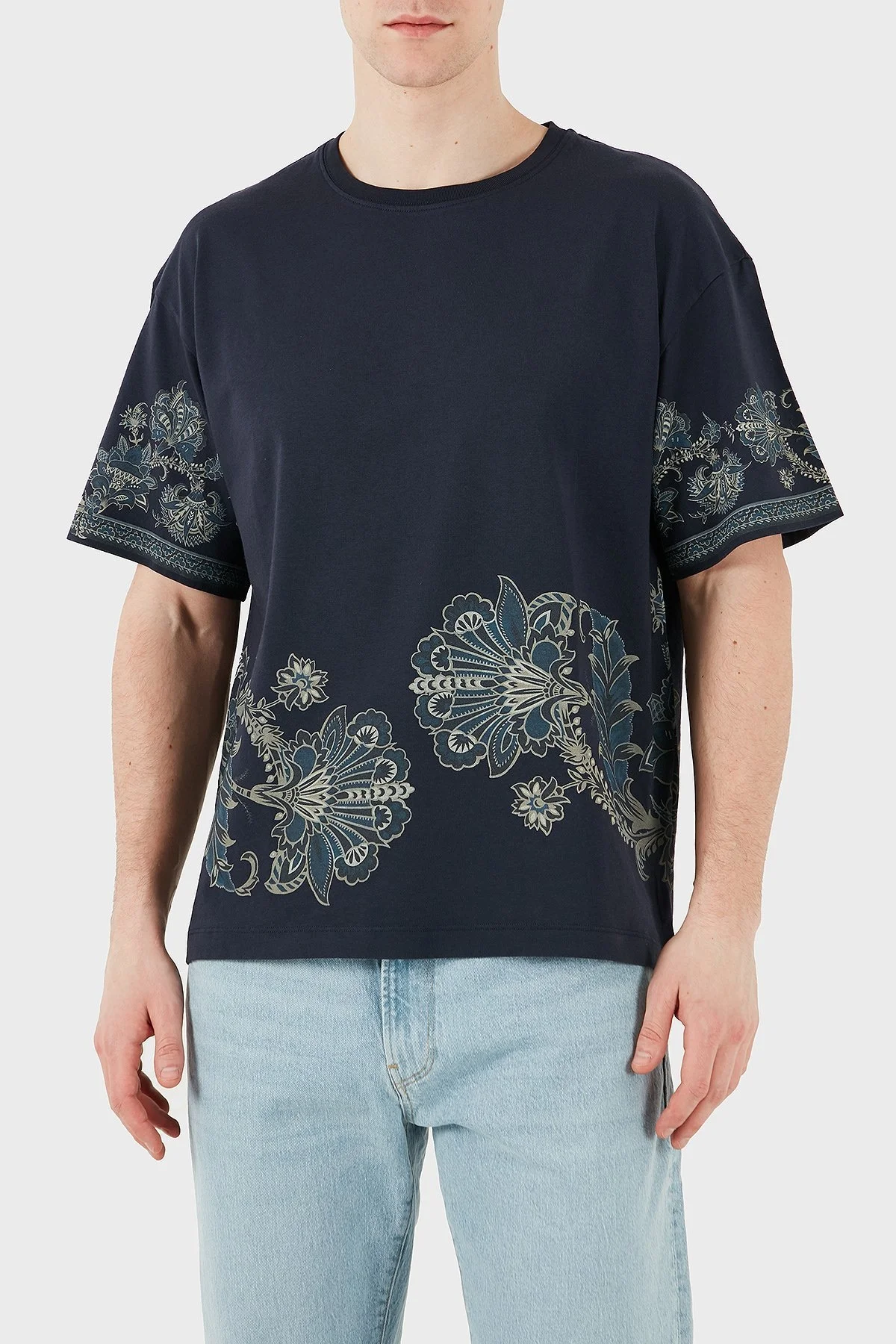 Etro Desenli % 100 Pamuk Regular Fit Bisiklet Yaka Erkek T Shirt MRMA0004 AK598 X0883 LACİVERT - 8