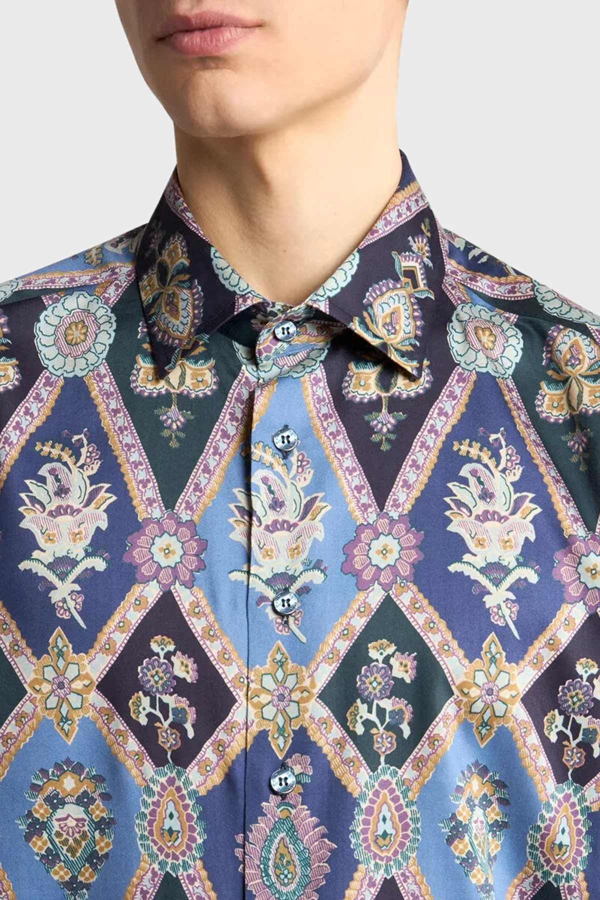 Etro Desenli % 100 Pamuk Regular Fit Kent Yaka Saten Erkek Gömlek MRIB0001 99SA5L4 X0883 LACİVERT - 4