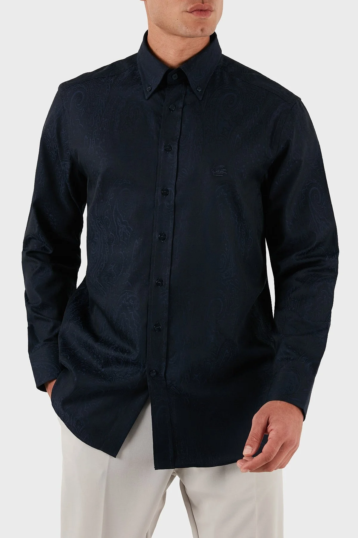 Etro Jakarlı % 100 Pamuk Regular Fit Düğmeli Yaka Erkek Gömlek MRIB0004 AQ043 B0065 LACİVERT - 5