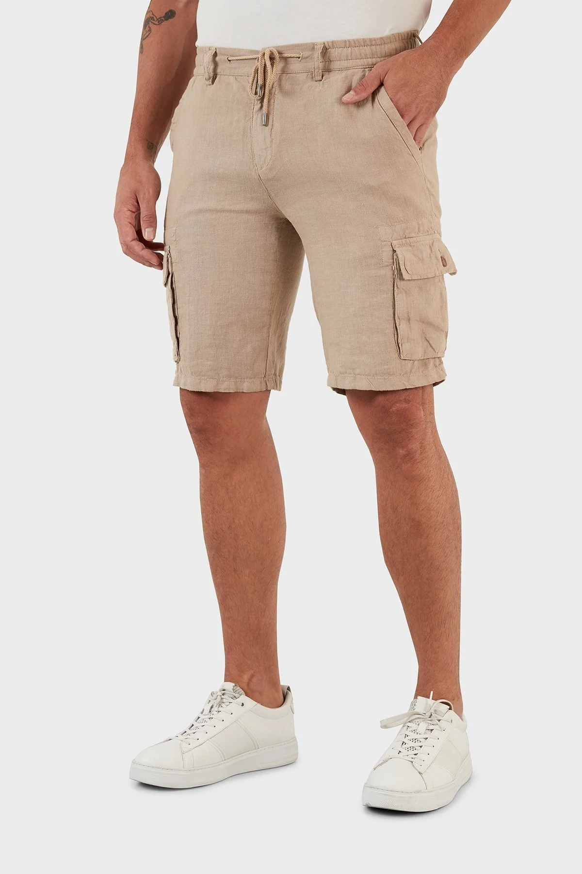 Exxe Belden Bağlamalı Cepli Regular Fit % 100 Keten Erkek Short 630JURIŞORT BEJ - 2