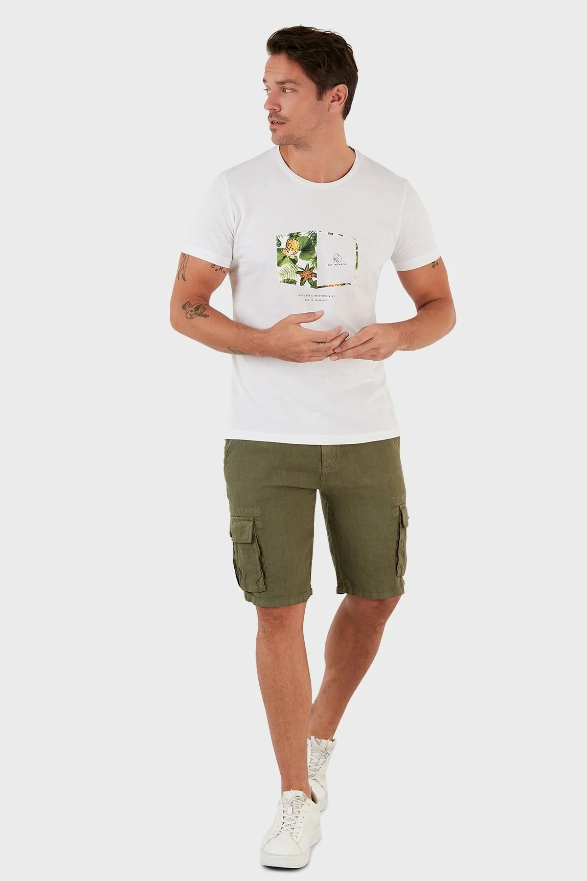 Exxe Belden Bağlamalı Cepli Regular Fit % 100 Keten Erkek Short 630JURIŞORT HAKİ - 1