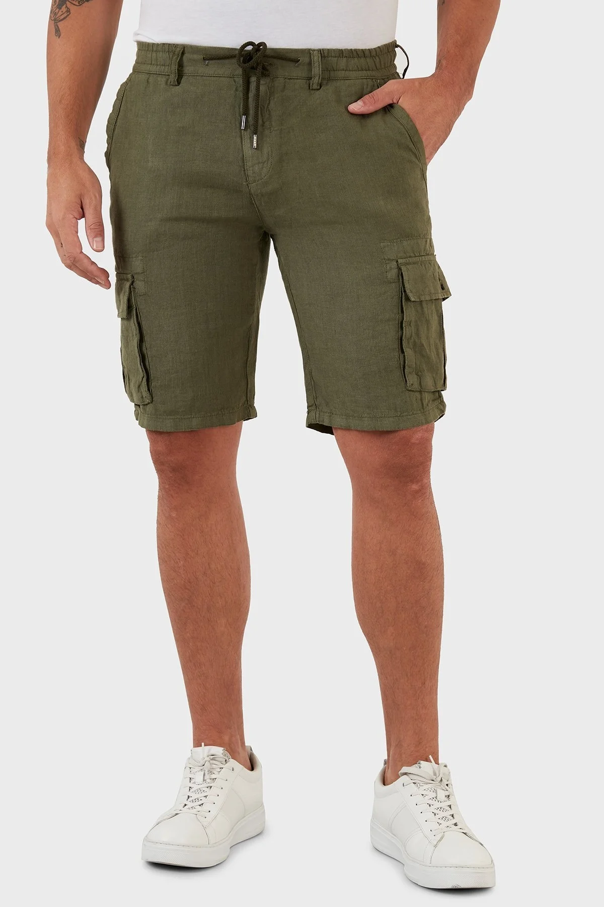 Exxe Belden Bağlamalı Cepli Regular Fit % 100 Keten Erkek Short 630JURIŞORT HAKİ - 2