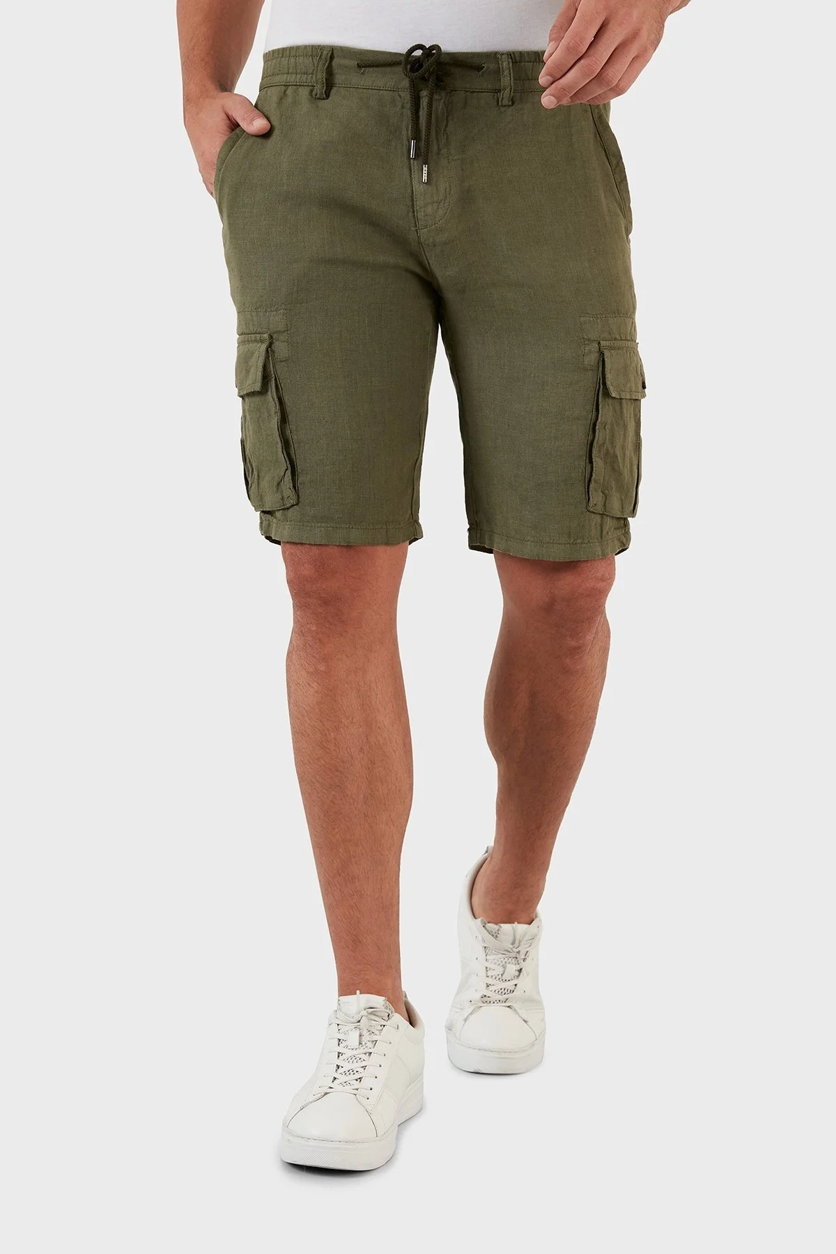 Exxe Belden Bağlamalı Cepli Regular Fit % 100 Keten Erkek Short 630JURIŞORT HAKİ - 3