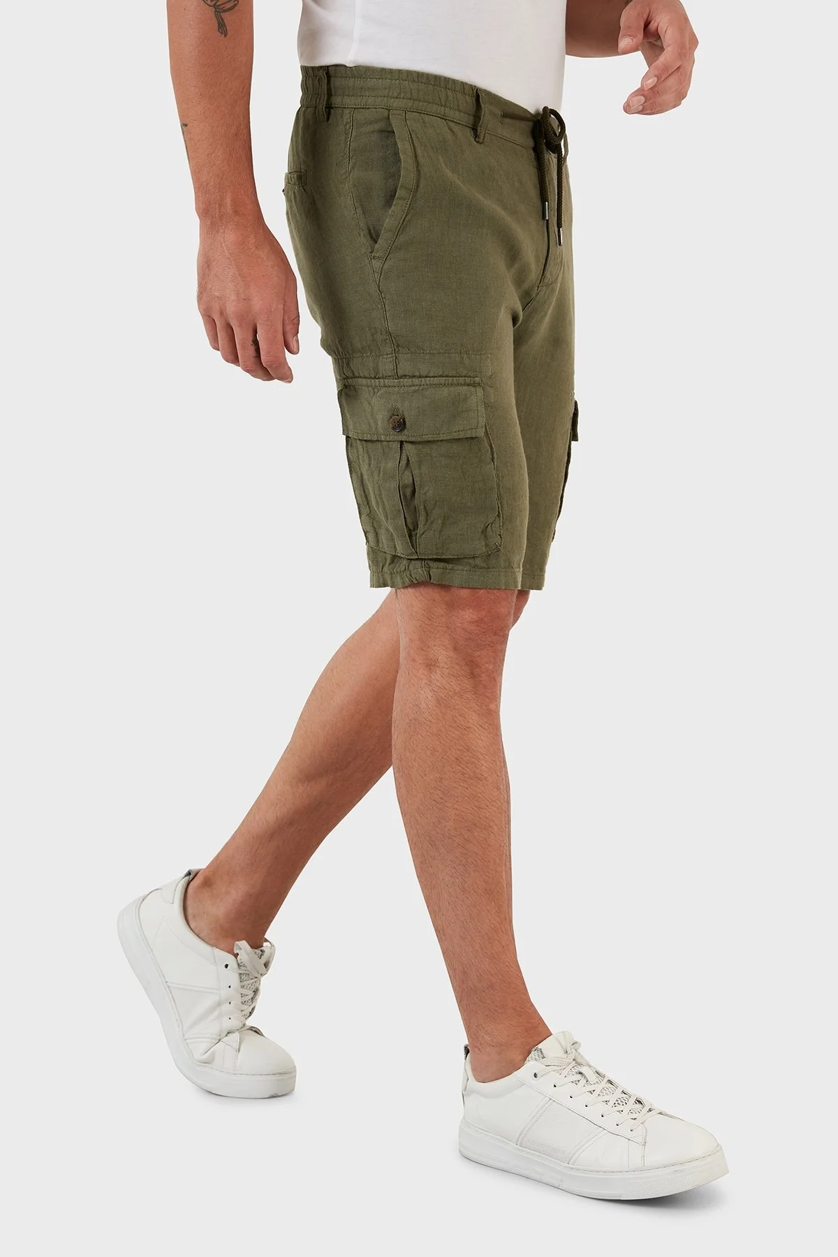 Exxe Belden Bağlamalı Cepli Regular Fit % 100 Keten Erkek Short 630JURIŞORT HAKİ - 4