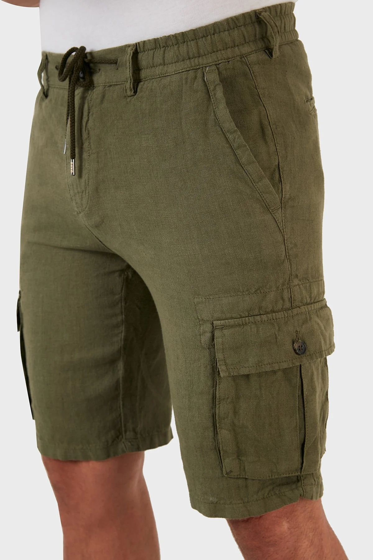 Exxe Belden Bağlamalı Cepli Regular Fit % 100 Keten Erkek Short 630JURIŞORT HAKİ - 13