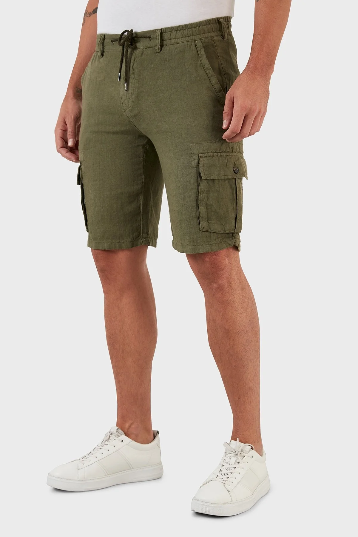 Exxe Belden Bağlamalı Cepli Regular Fit % 100 Keten Erkek Short 630JURIŞORT HAKİ - 14